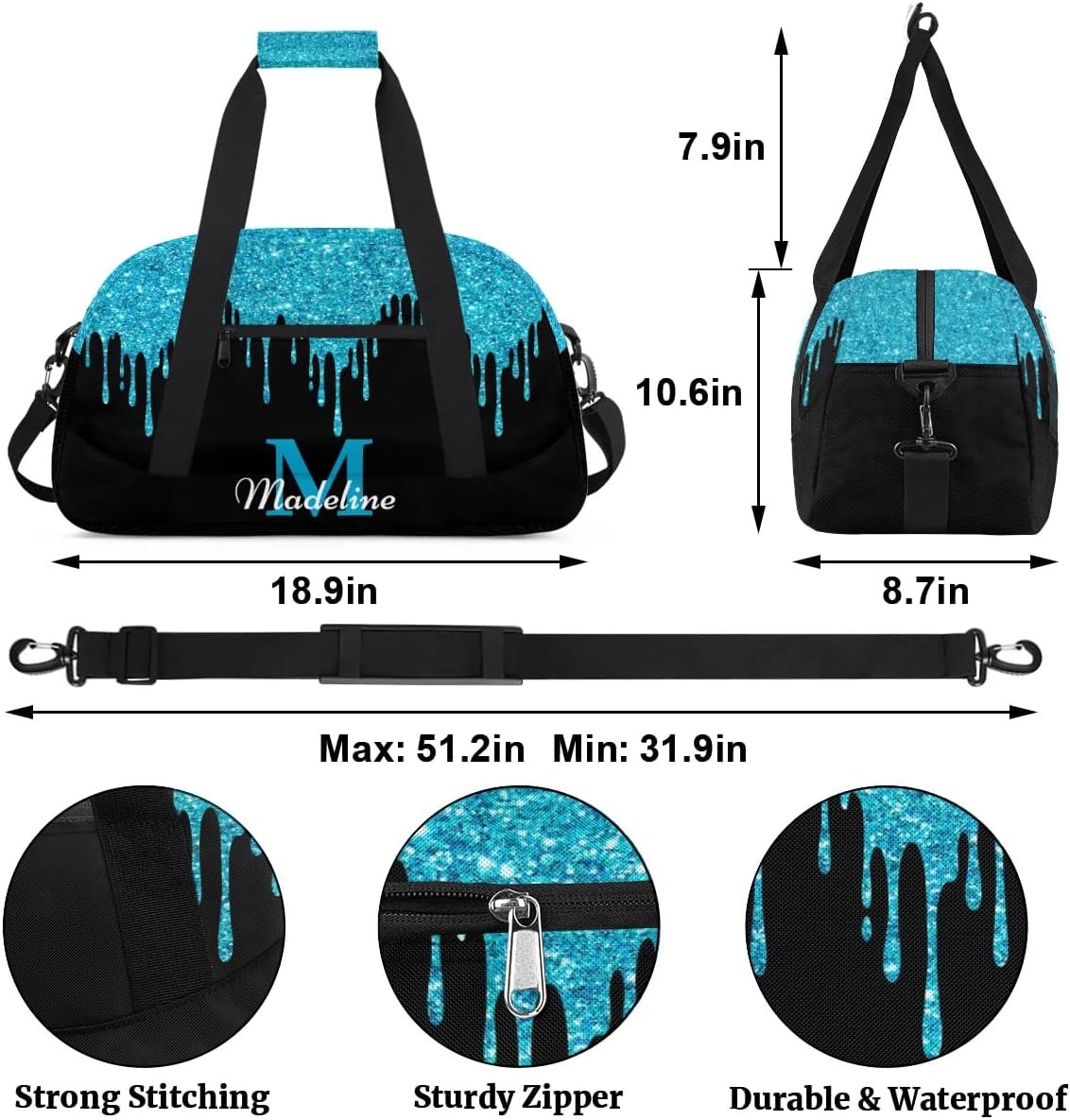 Custom Logo Personalized Kids Sports Duffel Bag Private Label with Name Weekender Overnight Gym Travel Dance Gymnastics Bag for Boys Girls Blue Shiny Manufacturer