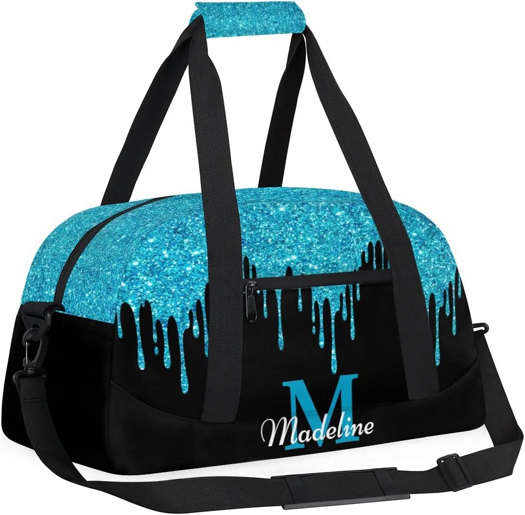 Custom Logo Personalized Kids Sports Duffel Bag Private Label with Name Weekender Overnight Gym Travel Dance Gymnastics Bag for Boys Girls Blue Shiny Manufacturer