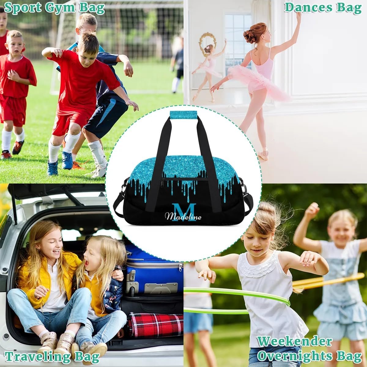 Custom Logo Personalized Kids Sports Duffel Bag Private Label with Name Weekender Overnight Gym Travel Dance Gymnastics Bag for Boys Girls Blue Shiny Manufacturer