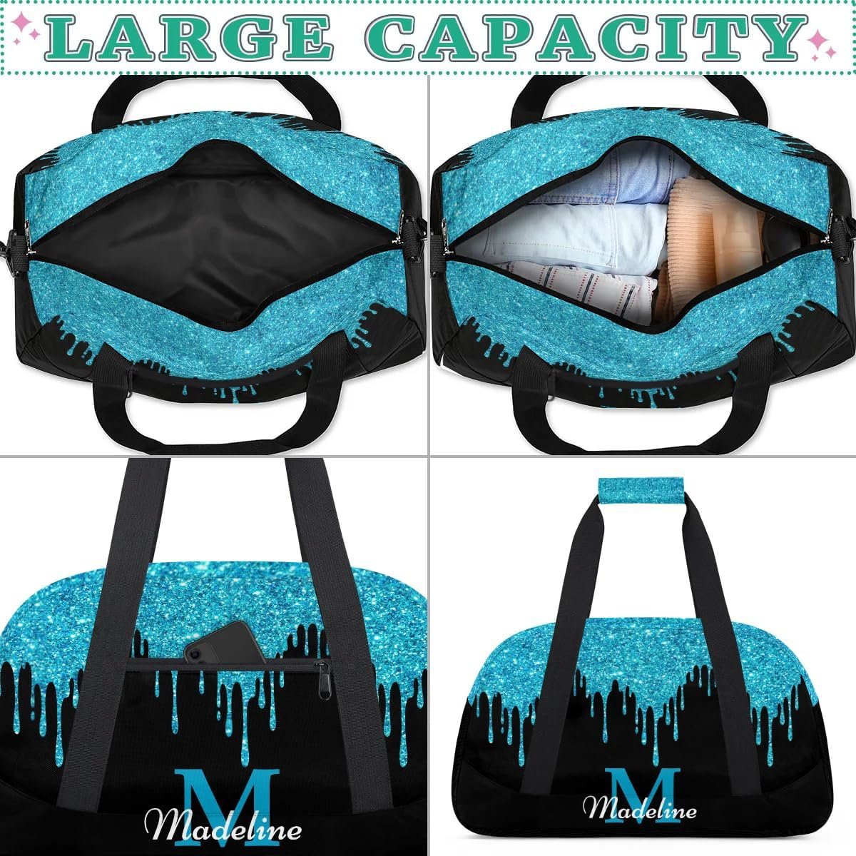 Custom Logo Personalized Kids Sports Duffel Bag Private Label with Name Weekender Overnight Gym Travel Dance Gymnastics Bag for Boys Girls Blue Shiny Manufacturer