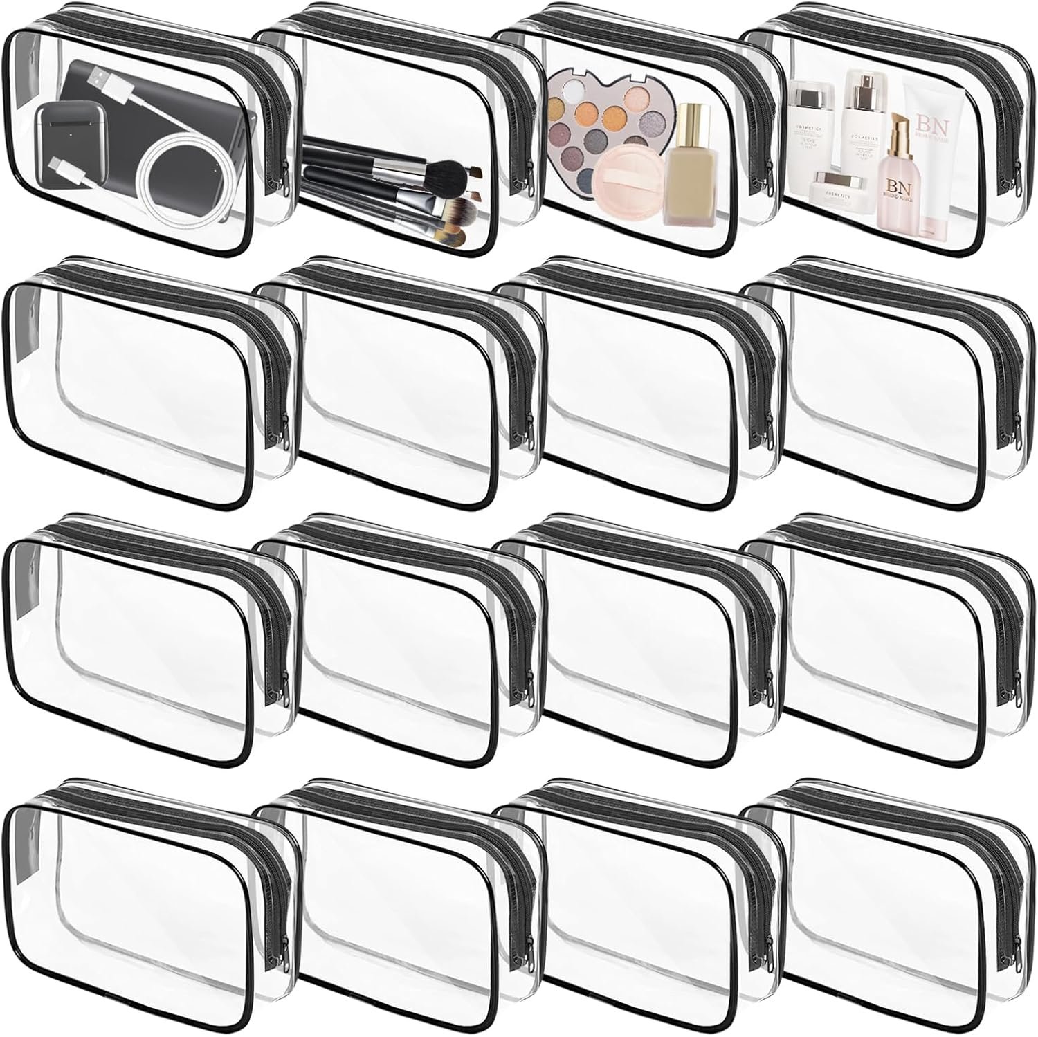 Factory 16 Pieces Bulk Clear TSA Approved Custom Logo PVC Waterproof Makeup Toiletry Travel Zipper Pouches for Men Women Carry-On Cosmetics Private Label (Black)