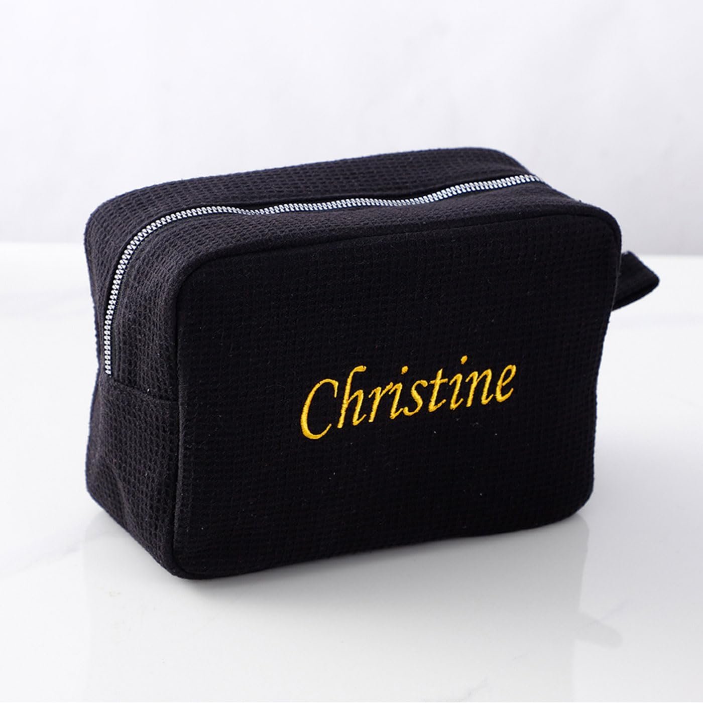 Factory Direct Personalized Embroidered Makeup Bag, Custom Logo Waffle Fabric Cosmetic Pouch for Women Travel, Private Label Organizer (1, Black)