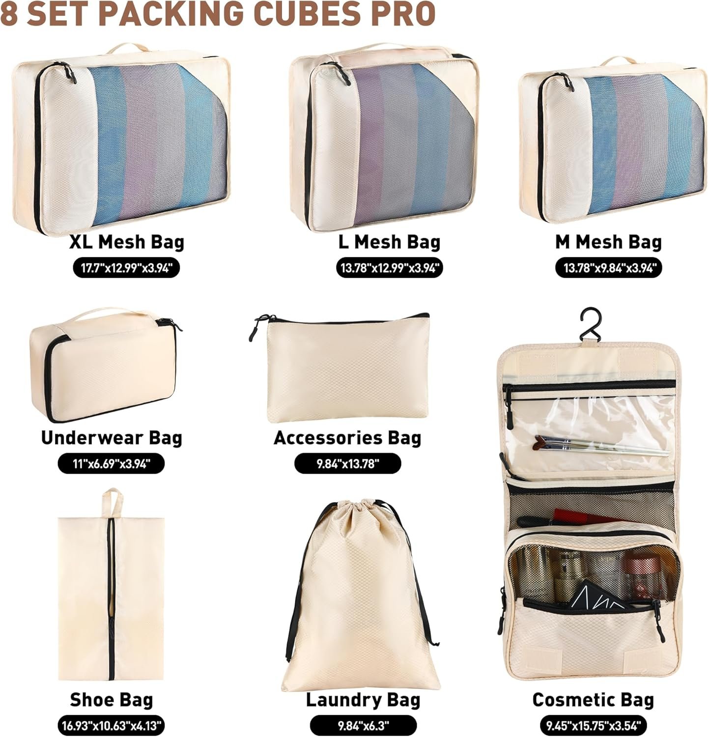 Private Label 8-Piece Packing Cubes for Travel Mesh Luggage Organizers with Shoe Bag Toiletry Bag Laundry Pouches Custom Logo 4 Sizes (XL/L/M/S) for Suitcase Organization Men Women Kids Beige Factory Direct Private Label 8-Piece Packing Cubes for Travel Mesh Luggage Organizers with Shoe Bag Toiletry Bag Laundry Pouches Custom Logo 4 Sizes (XL/L/M/S) for Suitcase Organization Men Women Kids Beige Factory Direct