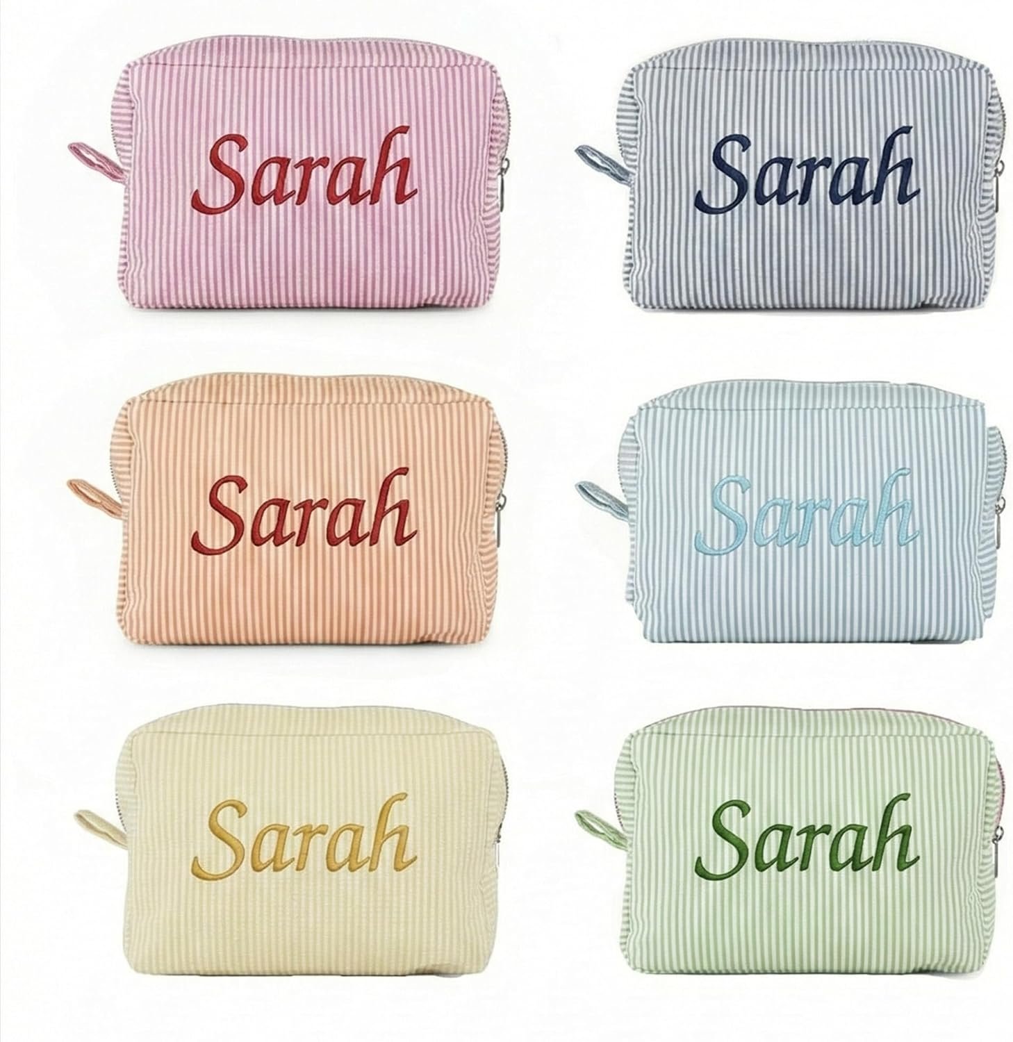 Custom Logo Large Personalized Makeup Bag Waffle Knit Green Striped Cosmetic Pouch Travel Toiletry Organizer Private Label Monogram Preppy Stocking Stuffers for Women Teen Girls Factory