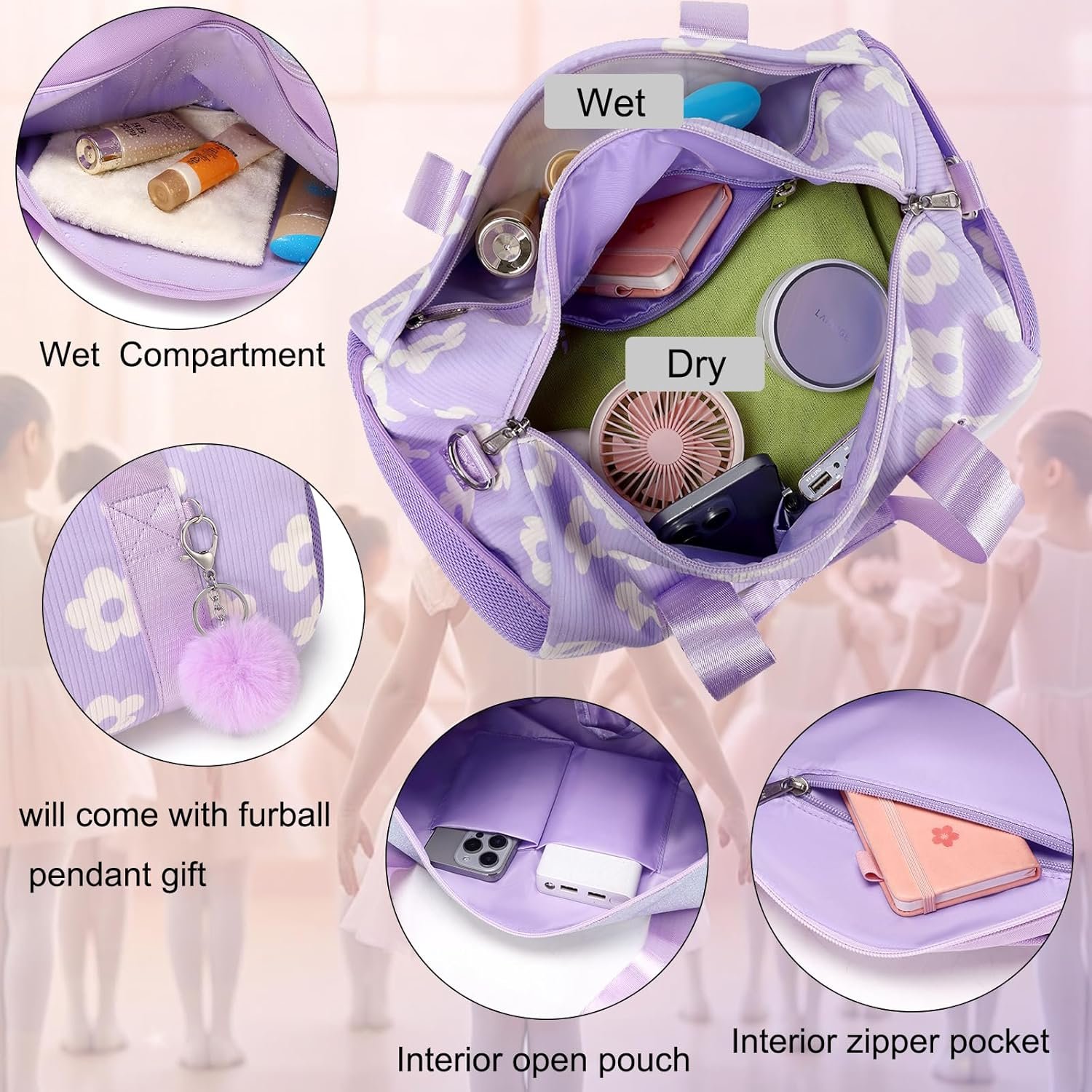 Factory Direct Purple Corduroy Dance Ballet Duffle Bag for Girls 4-6 Toddler Small Ballerina Private Label with Waterproof Dry Wet Separated Compartment Custom Logo