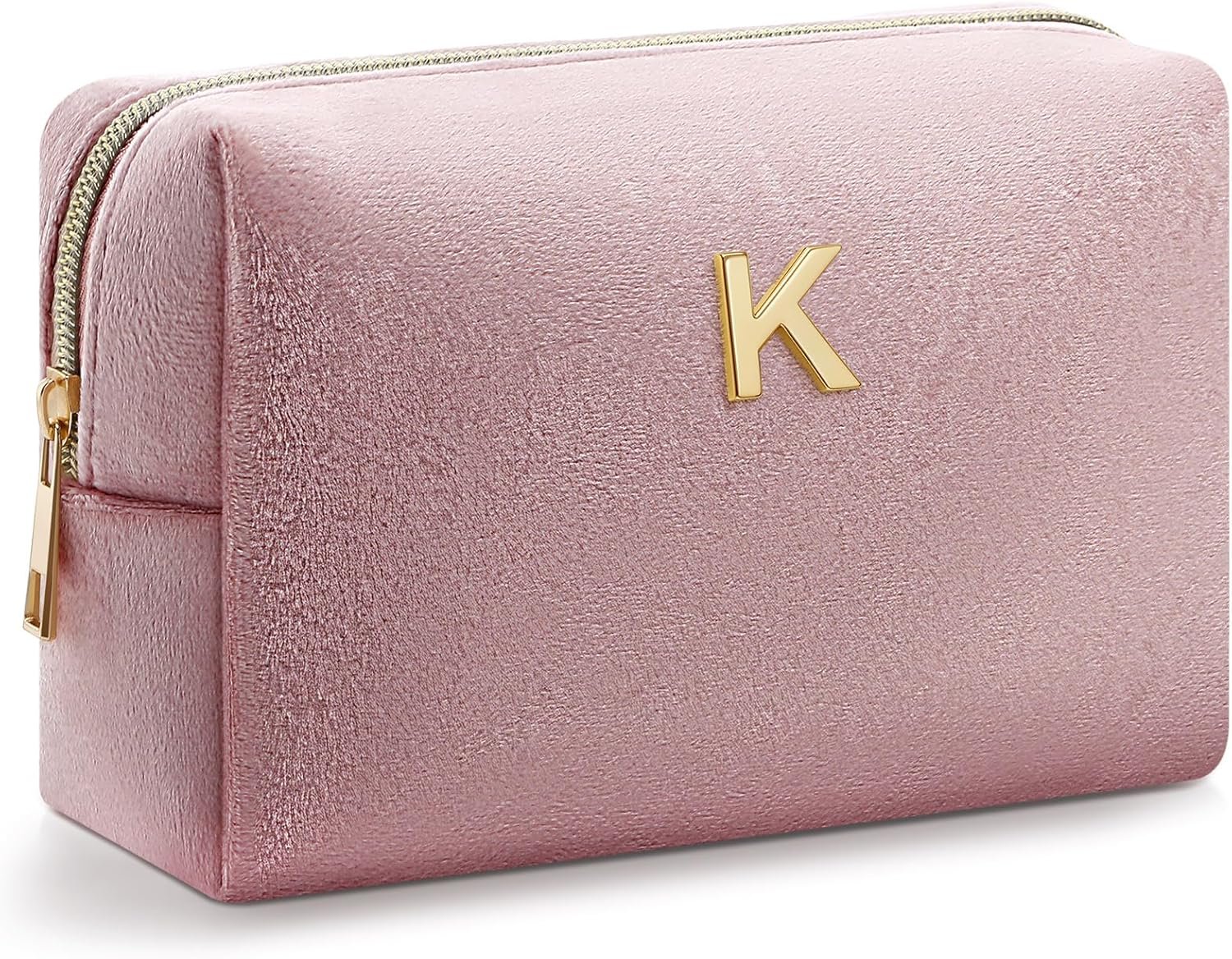 Private Label Pink Velvet Monogram Initial Makeup Bags Custom Logo Personalized Cosmetic Pouch Travel Toiletry Bags Manufacturer Gifts for Women Girls Teacher Mom Bridesmaid Valentines Day Birthday Graduation
