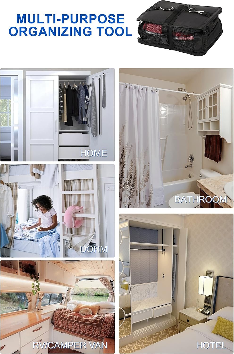 Custom Logo X-Large 3-Shelf Hanging Packing Cubes Portable Closet Private Label Collapsible Compression Garment Organizer Space Saver Bag for Carry-On Luggage No Side Pockets Black Manufacturer