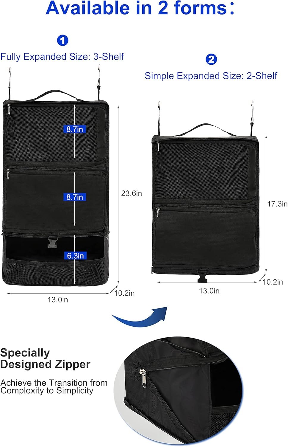 Custom Logo X-Large 3-Shelf Hanging Packing Cubes Portable Closet Private Label Collapsible Compression Garment Organizer Space Saver Bag for Carry-On Luggage No Side Pockets Black Manufacturer