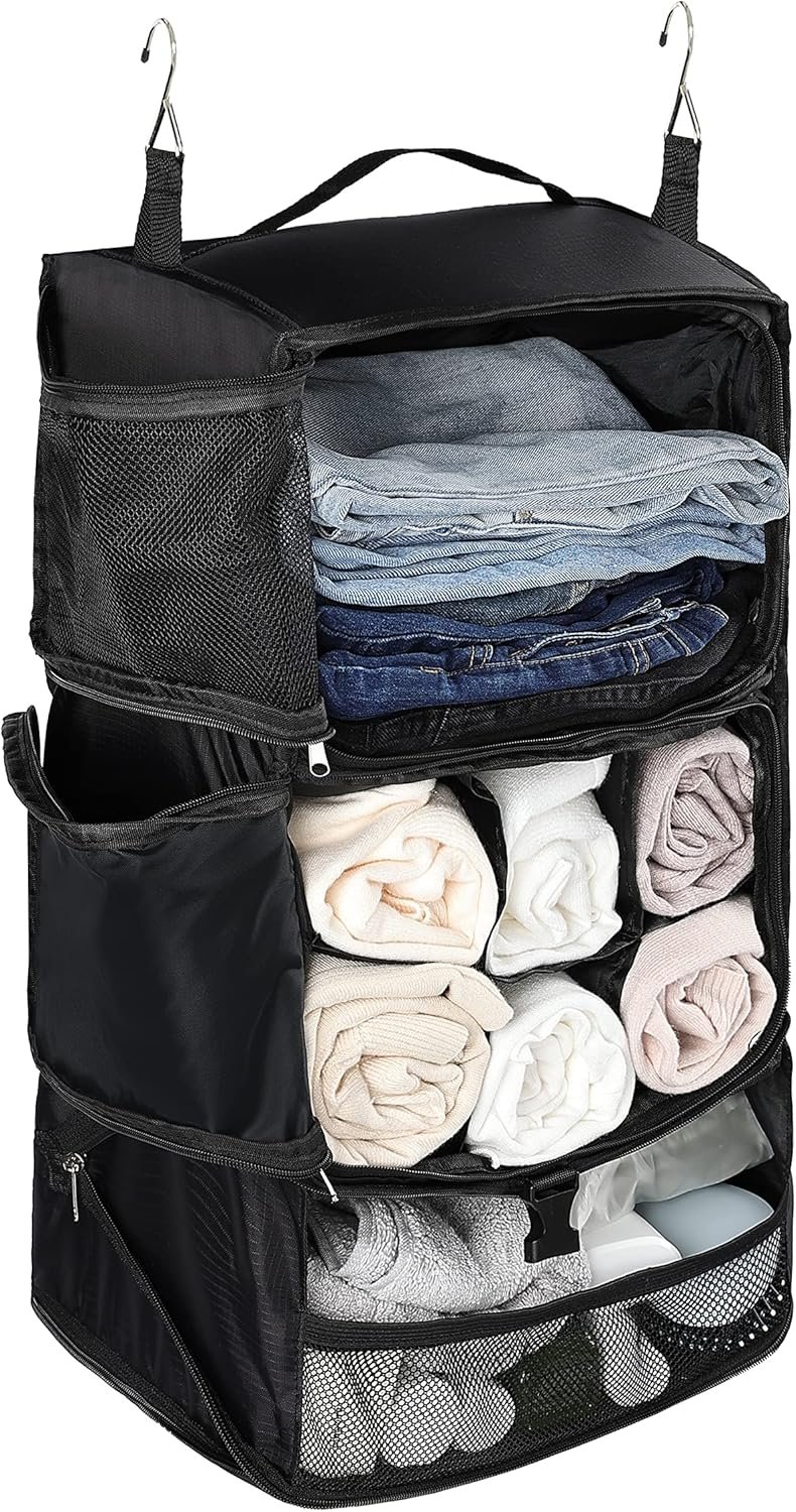 Custom Logo X-Large 3-Shelf Hanging Packing Cubes Portable Closet Private Label Collapsible Compression Garment Organizer Space Saver Bag for Carry-On Luggage No Side Pockets Black Manufacturer