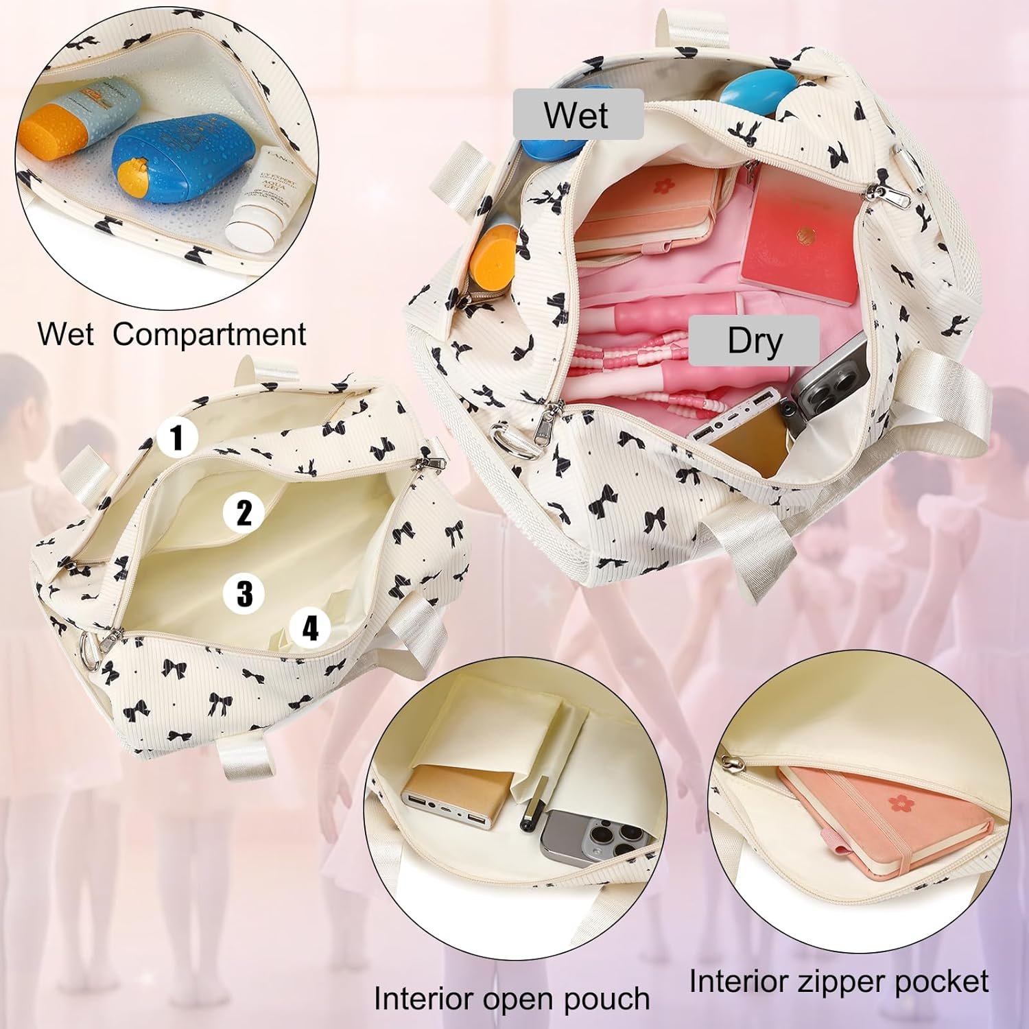 Custom Logo Small Dance Bag for Toddler Teen Girls Gym Sport Yoga Cheer Ballet Duffel Tote Private Label with Adjustable Straps Black Bow Factory