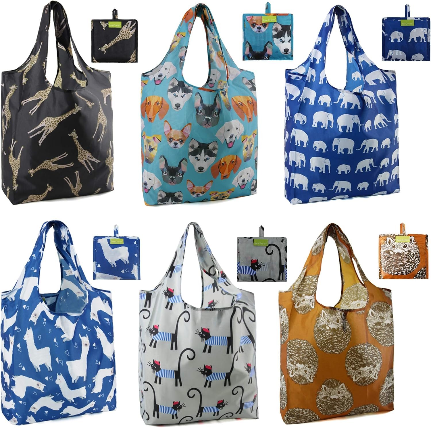 Private Label Heavy Duty Large Foldable Cloth Grocery Tote Bags with Handles (6 Pack) Custom Logo Reusable Washable Animal Holiday Designs Bulk Factory