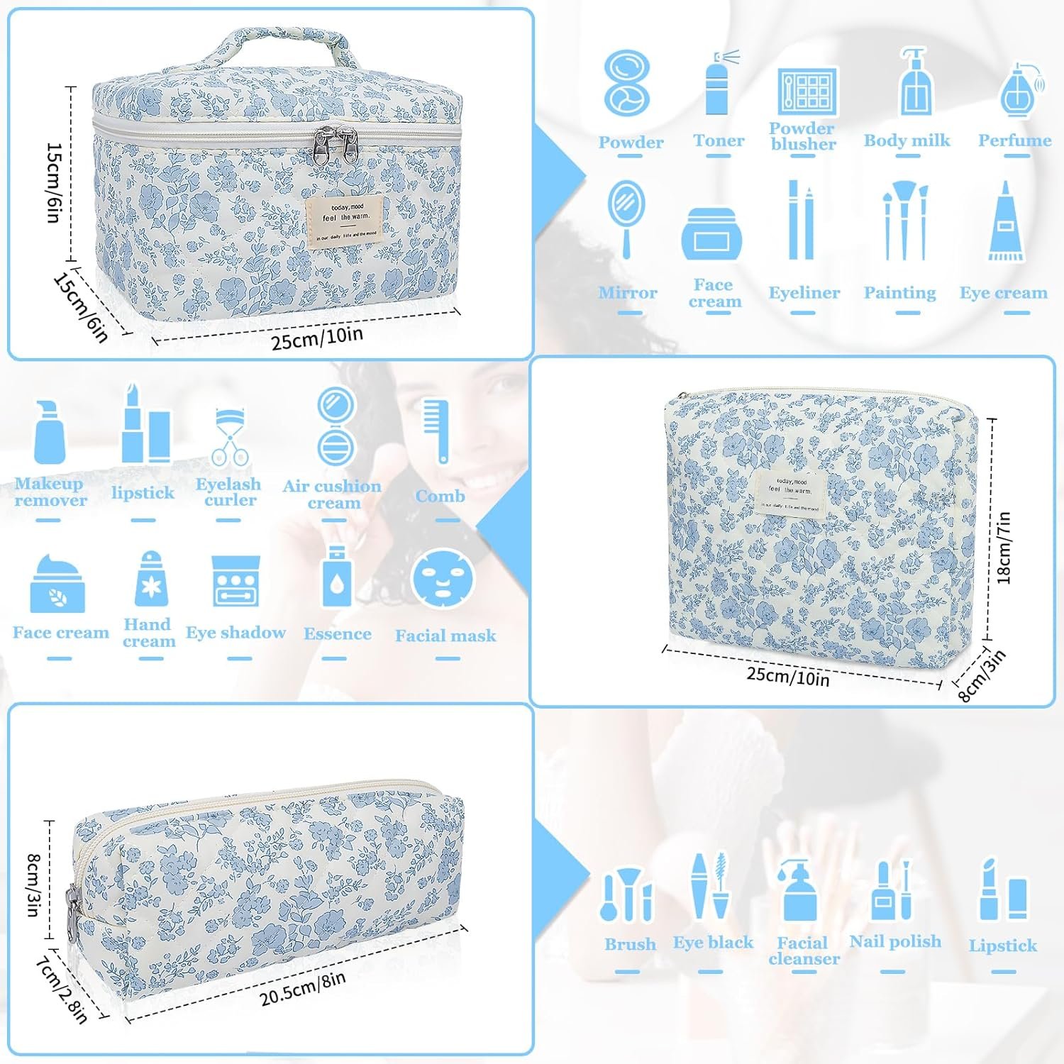 Custom Logo Large Quilted Makeup Bag, Private Label Big Floral Cosmetic Bag for Women Girls, Manufacturer Cotton Flower Travel Toiletry Organizer Set Blue Flower
