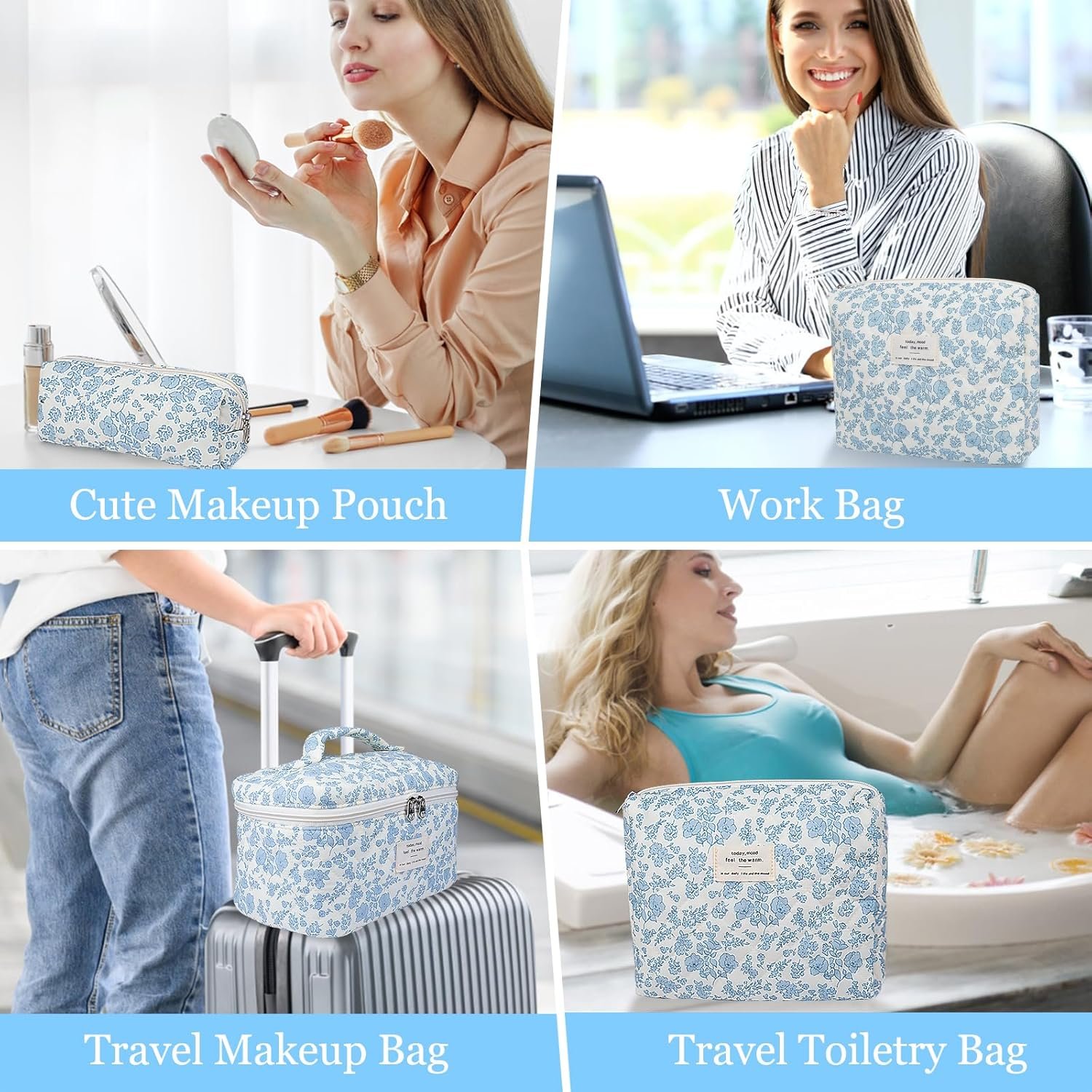 Custom Logo Large Quilted Makeup Bag, Private Label Big Floral Cosmetic Bag for Women Girls, Manufacturer Cotton Flower Travel Toiletry Organizer Set Blue Flower