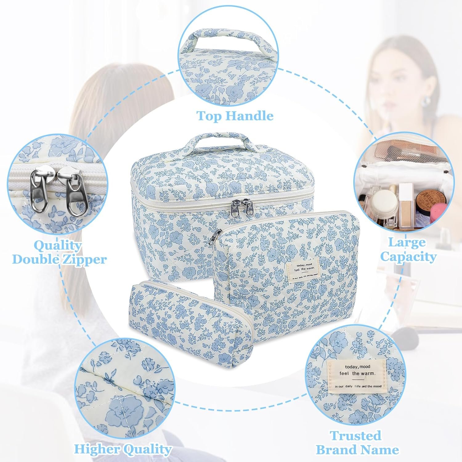 Custom Logo Large Quilted Makeup Bag, Private Label Big Floral Cosmetic Bag for Women Girls, Manufacturer Cotton Flower Travel Toiletry Organizer Set Blue Flower