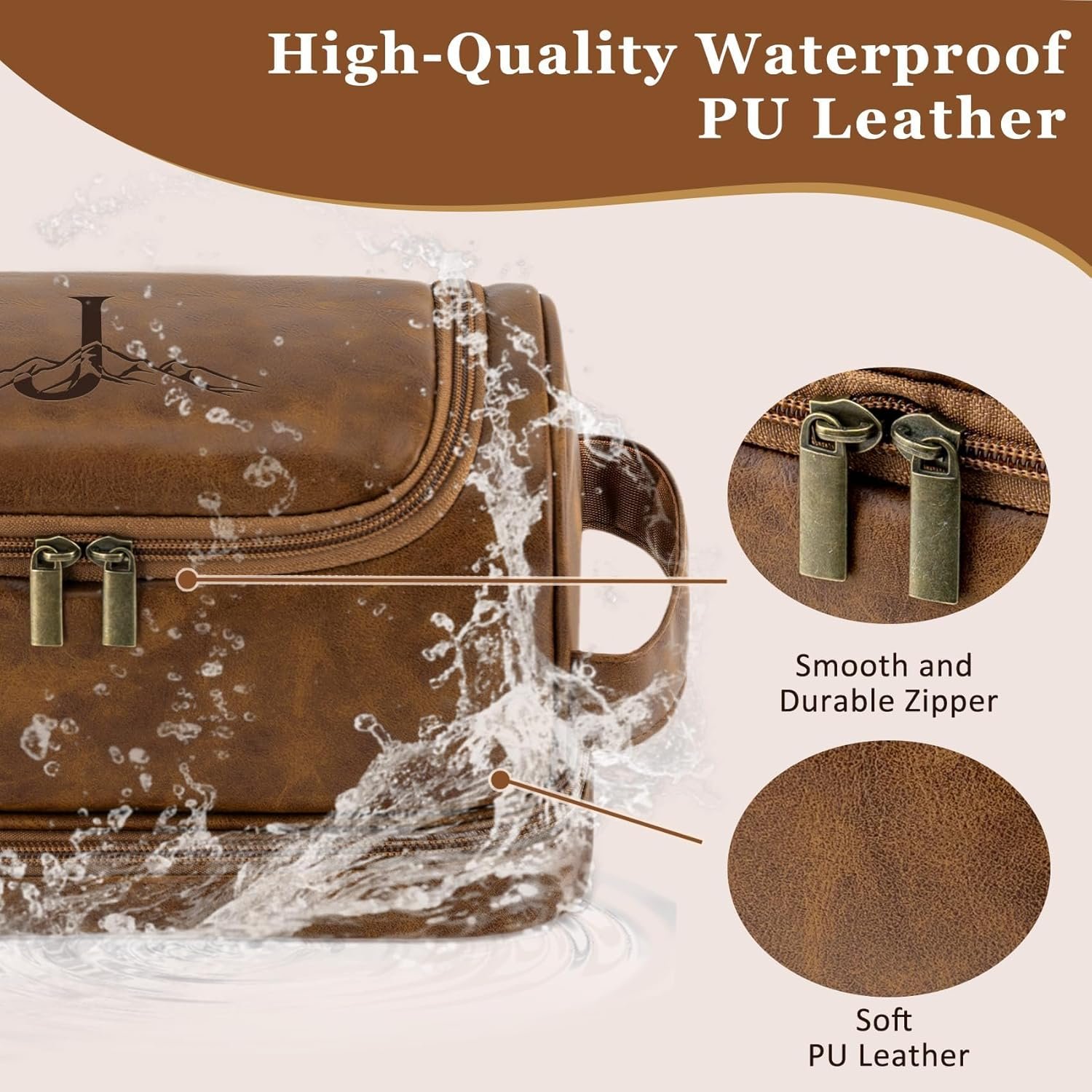 Custom Logo Personalized Initial Toiletry Bag Fathers Day Birthday Gifts for Men Dad Husband Private Label Waterproof PU Leather Dopp Kit Shaving Organizer Travel Essential for Him Light Brown Manufacturer