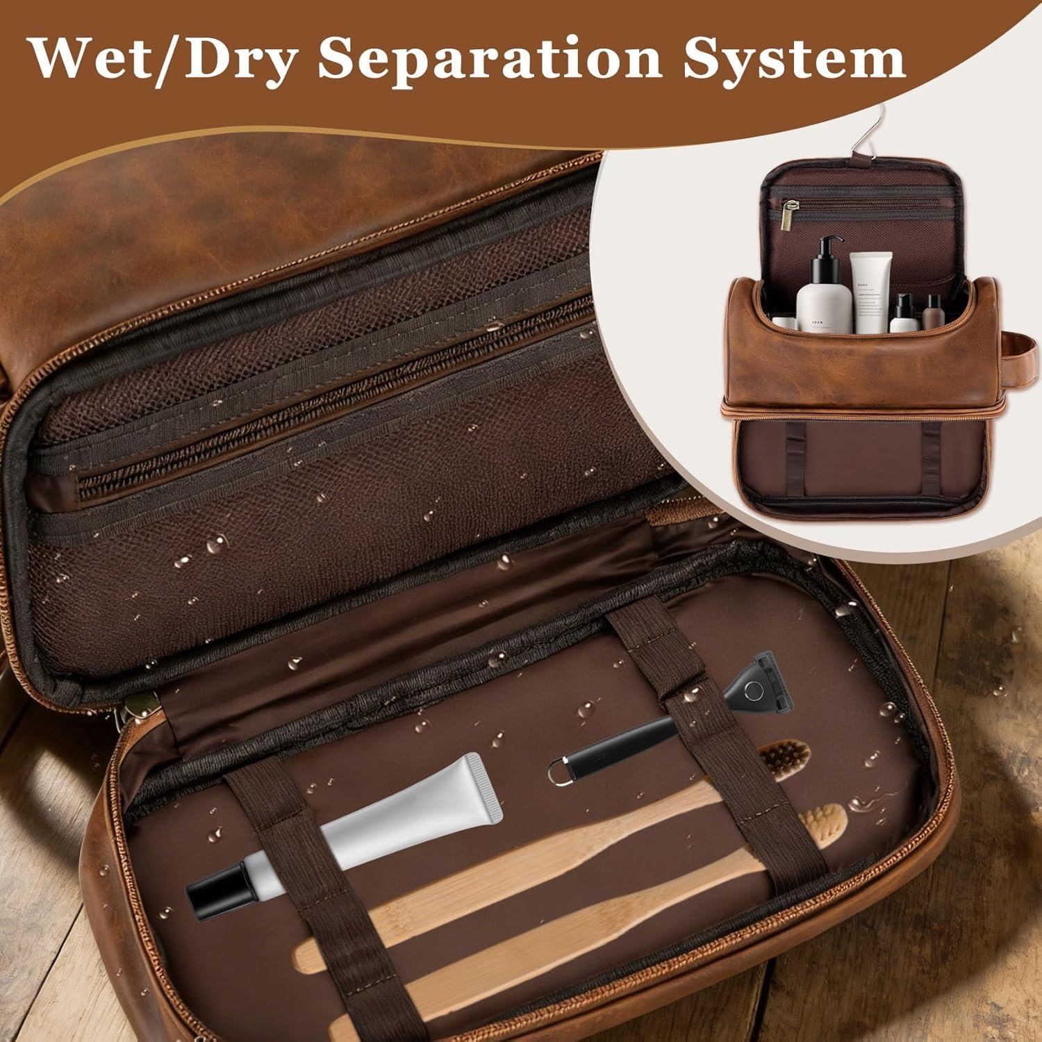 Custom Logo Personalized Initial Toiletry Bag Fathers Day Birthday Gifts for Men Dad Husband Private Label Waterproof PU Leather Dopp Kit Shaving Organizer Travel Essential for Him Light Brown Manufacturer