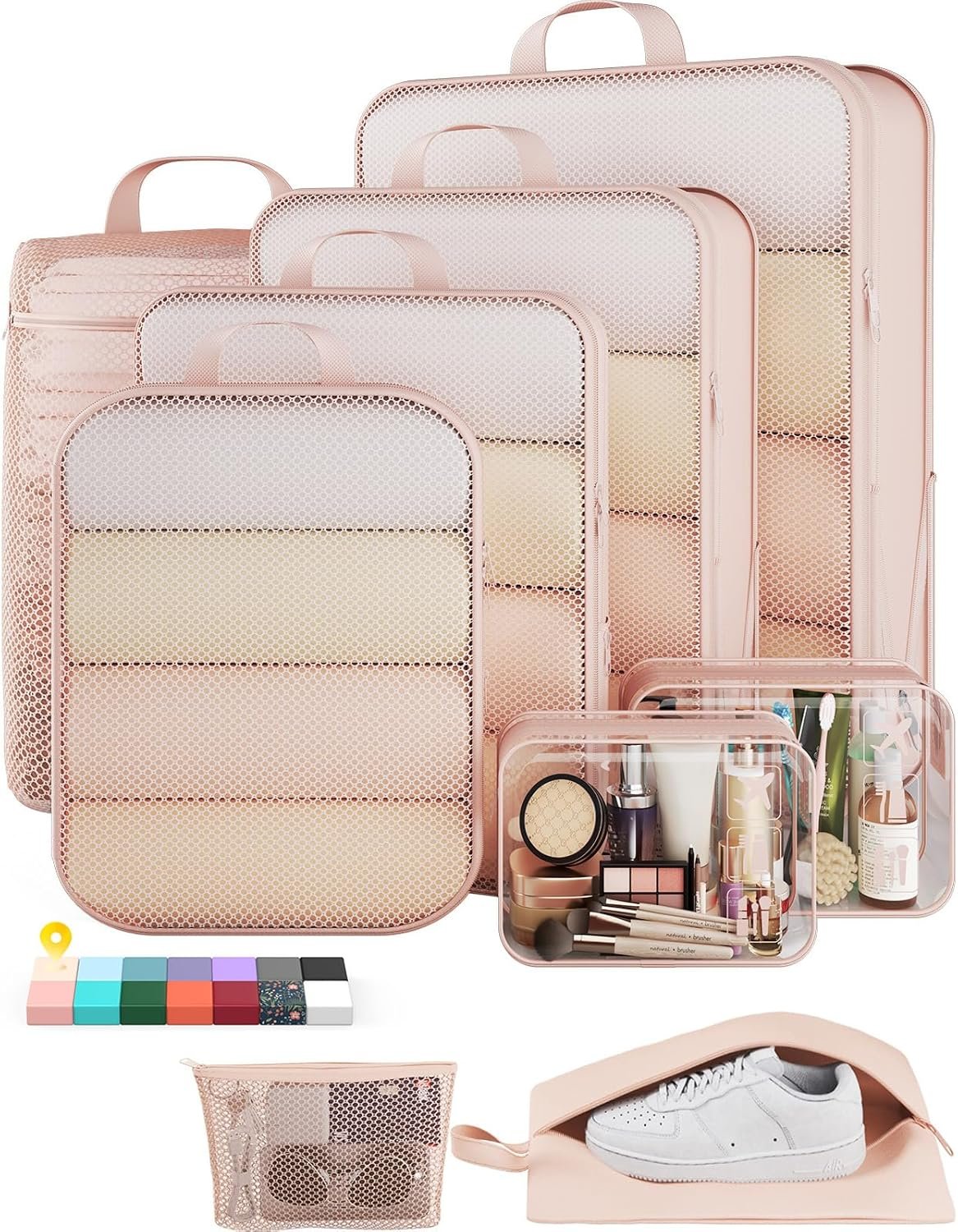 Private Label 9/11 Set Compression Packing Cubes for Travel Essentials Compressible Expandable Large Luggage Suitcase Organizer Bags for Clothing with Custom Logo Durable Space Saver Storage Bags and Toiletry Bags Beige Manufacturer