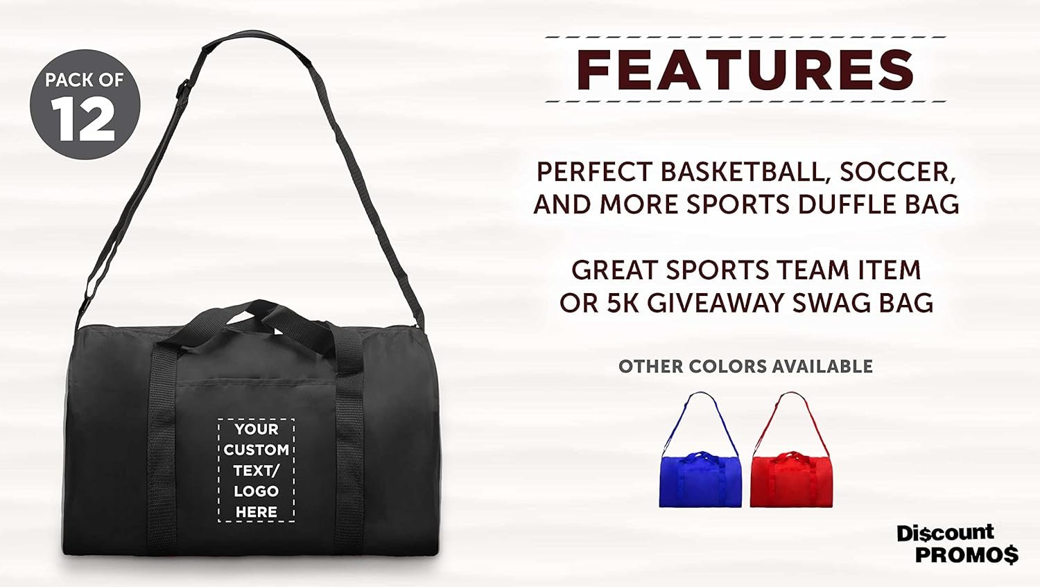 Private Label 12 Sporty Duffle Bags Set Custom Logo Polyester Adjustable Strap Front Pocket Roll Styling Black Manufacturer