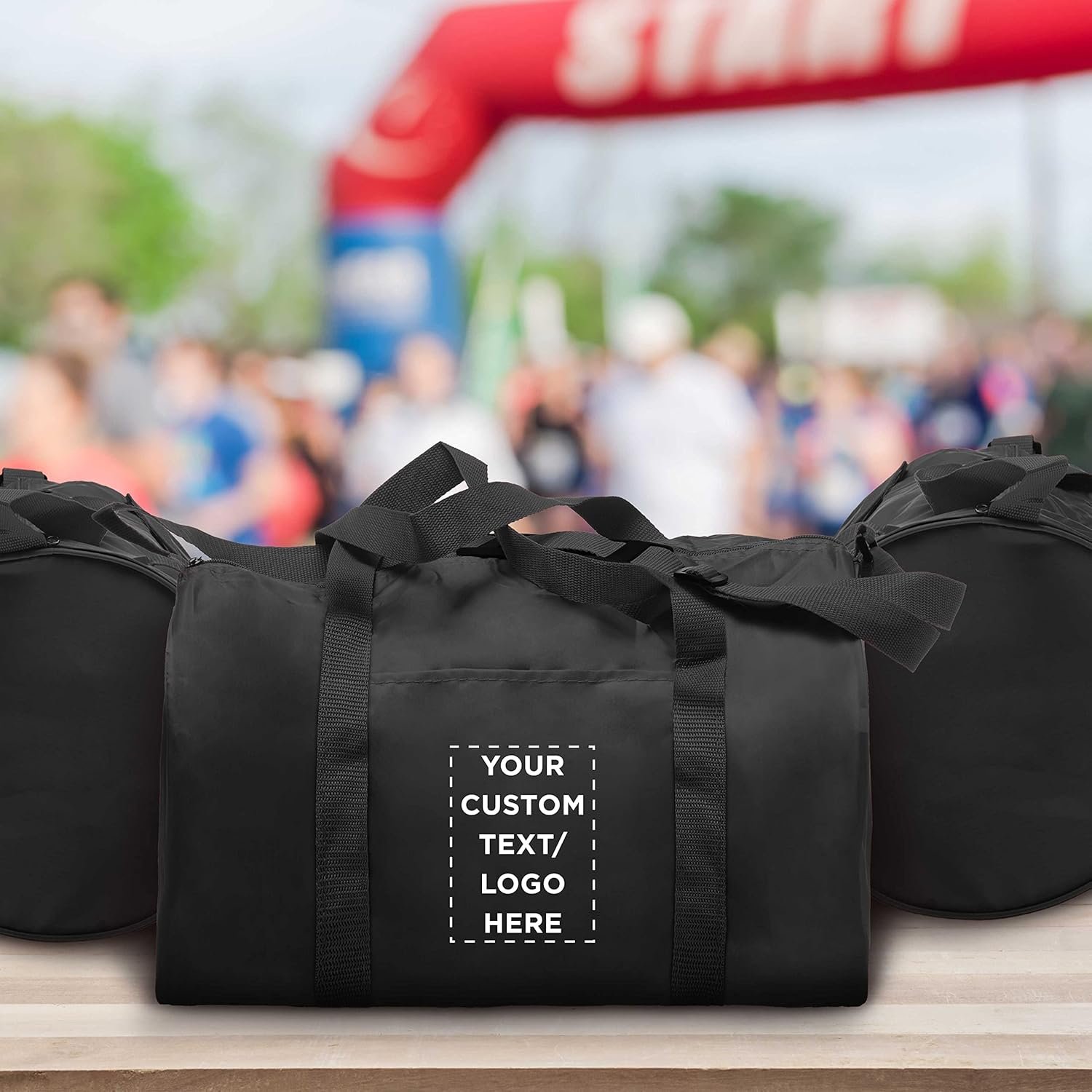 Private Label 12 Sporty Duffle Bags Set Custom Logo Polyester Adjustable Strap Front Pocket Roll Styling Black Manufacturer