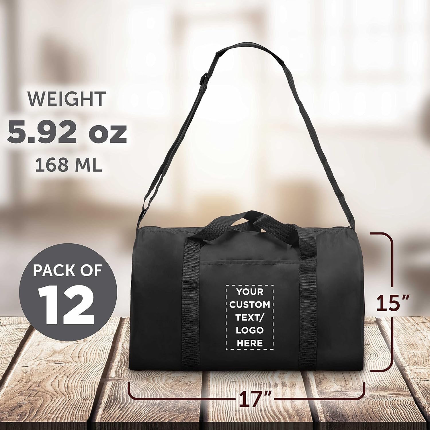 Private Label 12 Sporty Duffle Bags Set Custom Logo Polyester Adjustable Strap Front Pocket Roll Styling Black Manufacturer