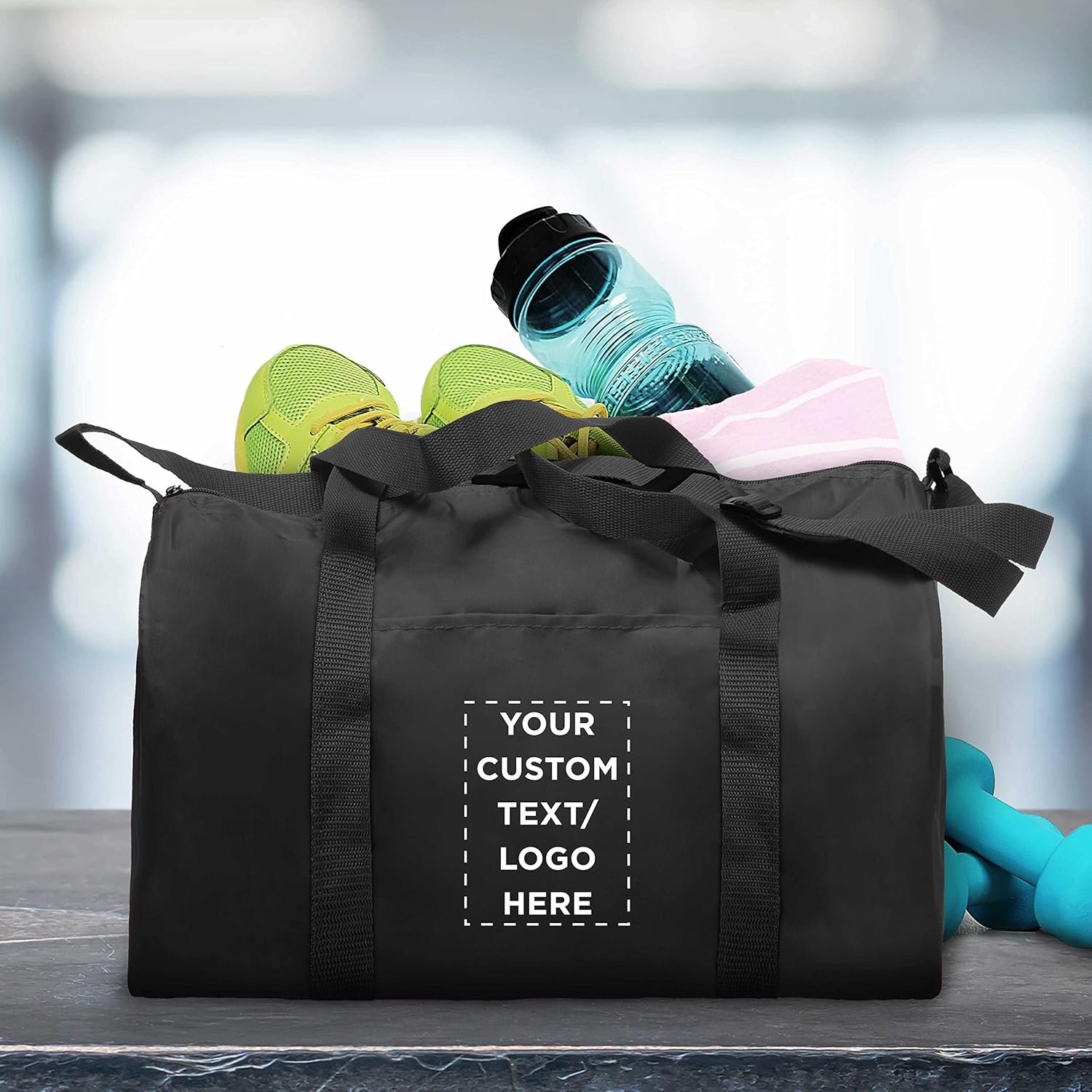 Private Label 12 Sporty Duffle Bags Set Custom Logo Polyester Adjustable Strap Front Pocket Roll Styling Black Manufacturer