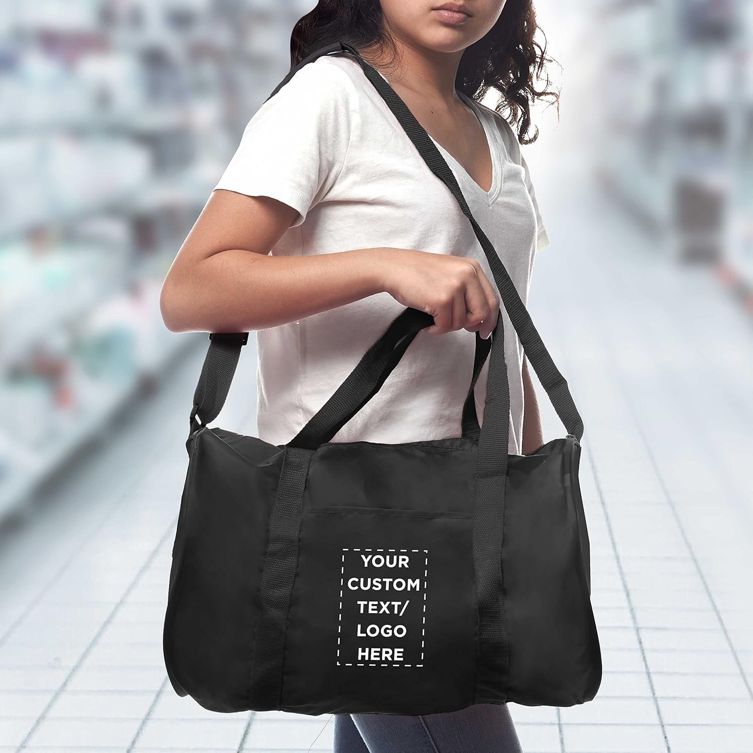 Private Label 12 Sporty Duffle Bags Set Custom Logo Polyester Adjustable Strap Front Pocket Roll Styling Black Manufacturer