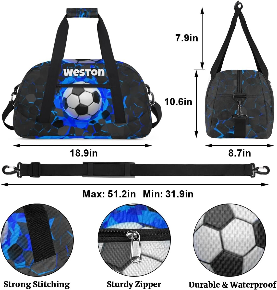 Private Label Sports Bag for Kids Boys Personalized Gym Duffel Fitness Travel Weekender Tote Carry-On Training Soccer Custom Logo Black Blue Manufacturer