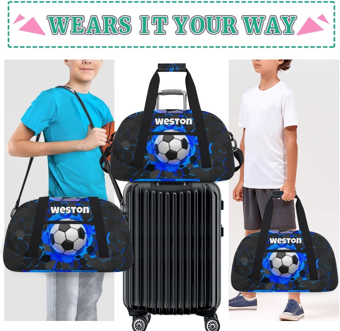Private Label Sports Bag for Kids Boys Personalized Gym Duffel Fitness Travel Weekender Tote Carry-On Training Soccer Custom Logo Black Blue Manufacturer