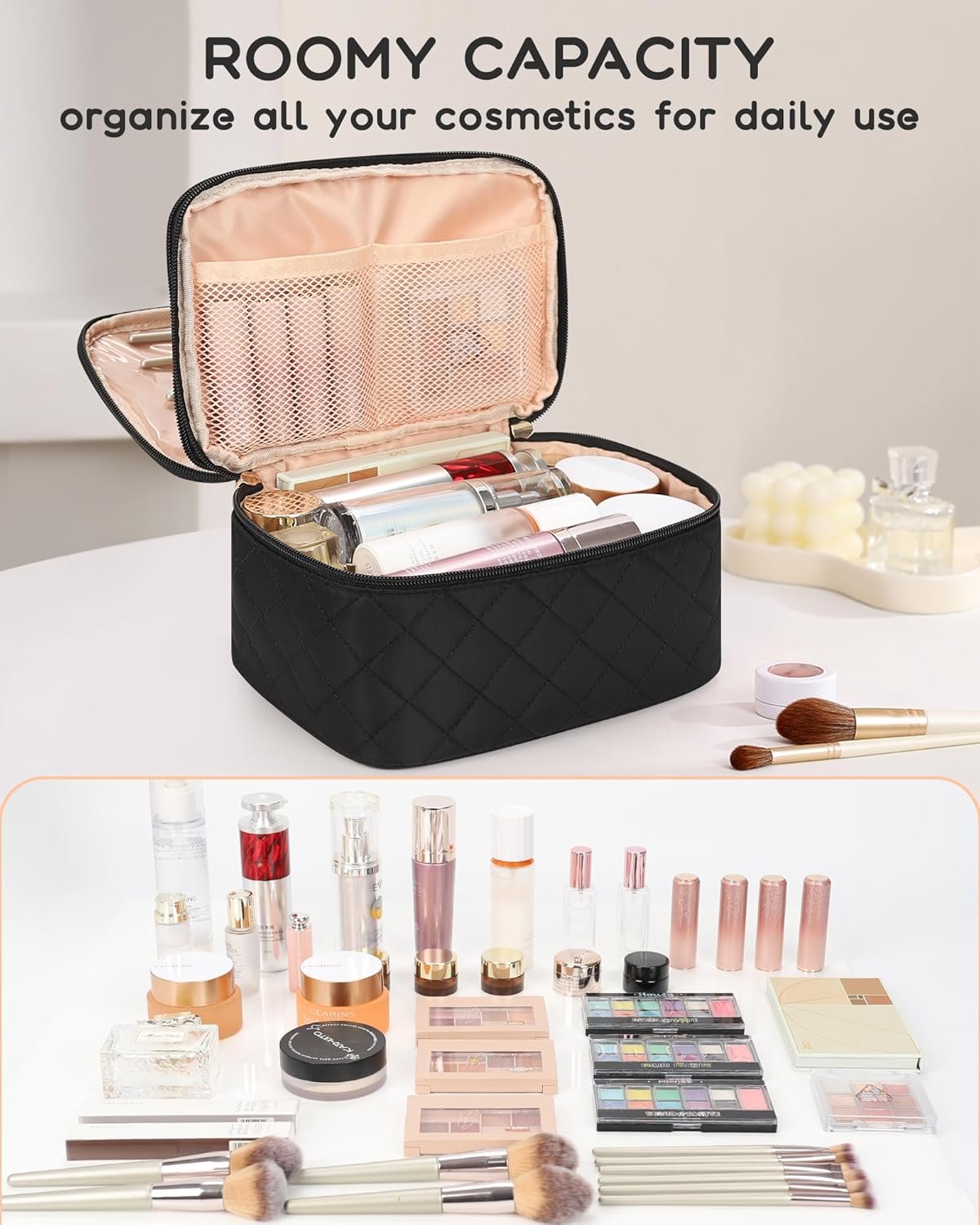 Private Label Large Travel Makeup Bag with Custom Logo Separate Makeup Brush Compartment Double Layer Toiletry Organizer Manufacturer for Women - Black