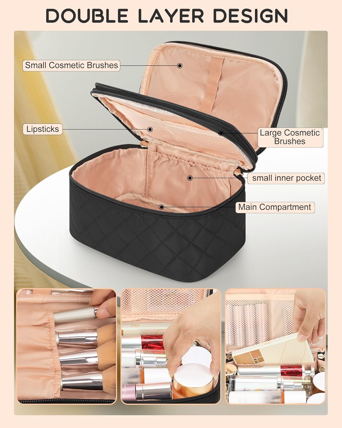 Private Label Large Travel Makeup Bag with Custom Logo Separate Makeup Brush Compartment Double Layer Toiletry Organizer Manufacturer for Women - Black