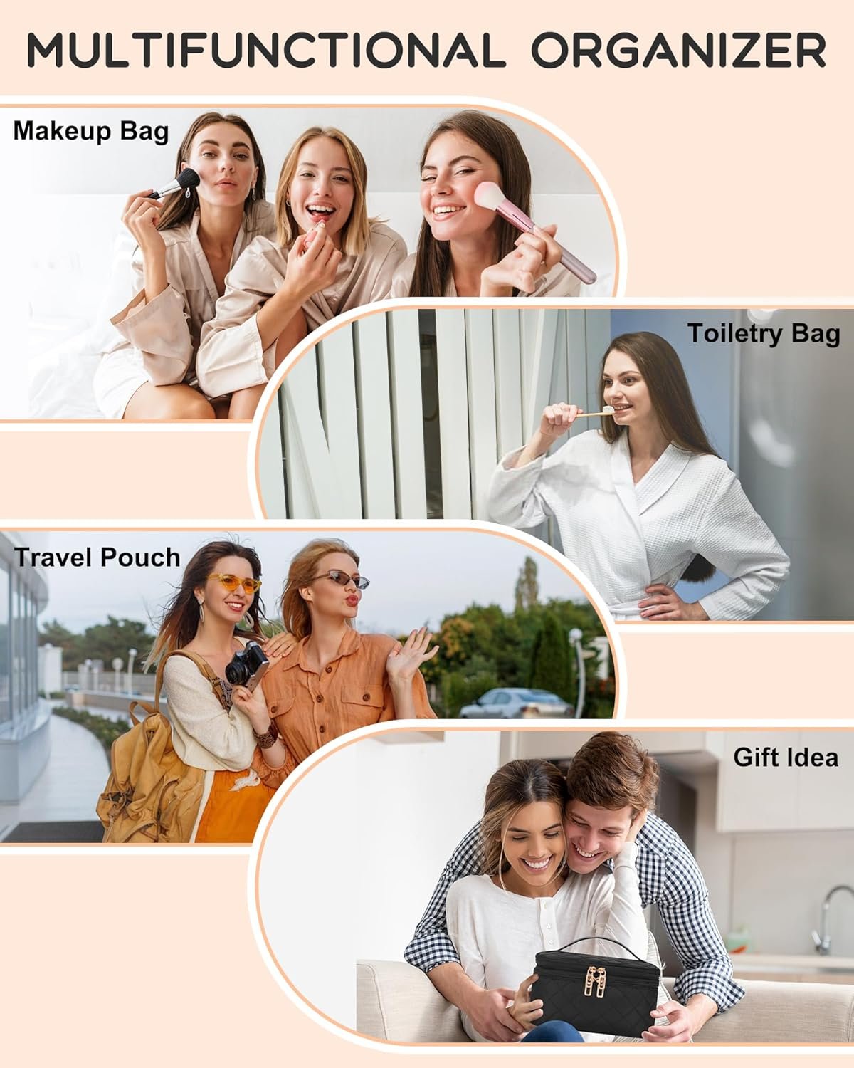 Private Label Large Travel Makeup Bag with Custom Logo Separate Makeup Brush Compartment Double Layer Toiletry Organizer Manufacturer for Women - Black