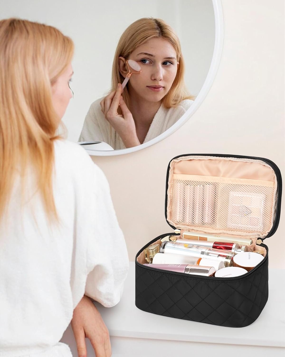 Private Label Large Travel Makeup Bag with Custom Logo Separate Makeup Brush Compartment Double Layer Toiletry Organizer Manufacturer for Women - Black