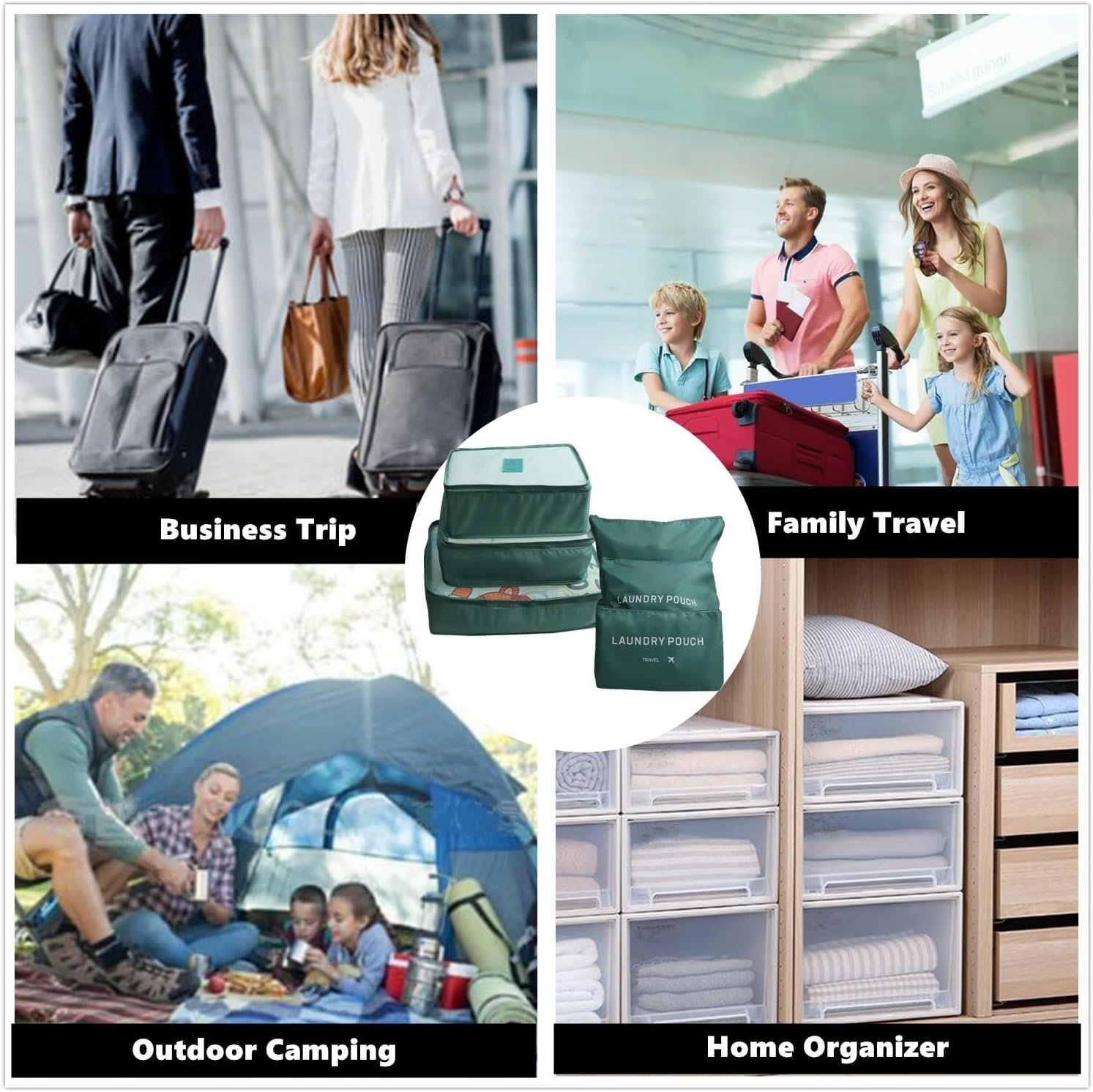 Manufacturer 6 Pack Compression Packing Cubes for Suitcases with Laundry Pouch - Custom Logo Luggage Organizers for Travel Accessories Clothes Cosmetics Toiletries - Private Label Dark Green Storage Bags