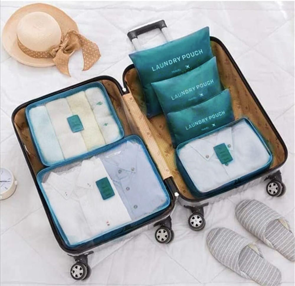 Manufacturer 6 Pack Compression Packing Cubes for Suitcases with Laundry Pouch - Custom Logo Luggage Organizers for Travel Accessories Clothes Cosmetics Toiletries - Private Label Dark Green Storage Bags