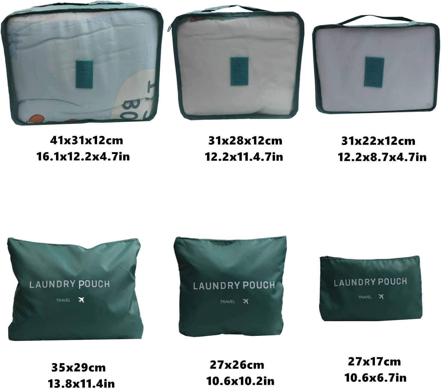 Manufacturer 6 Pack Compression Packing Cubes for Suitcases with Laundry Pouch - Custom Logo Luggage Organizers for Travel Accessories Clothes Cosmetics Toiletries - Private Label Dark Green Storage Bags