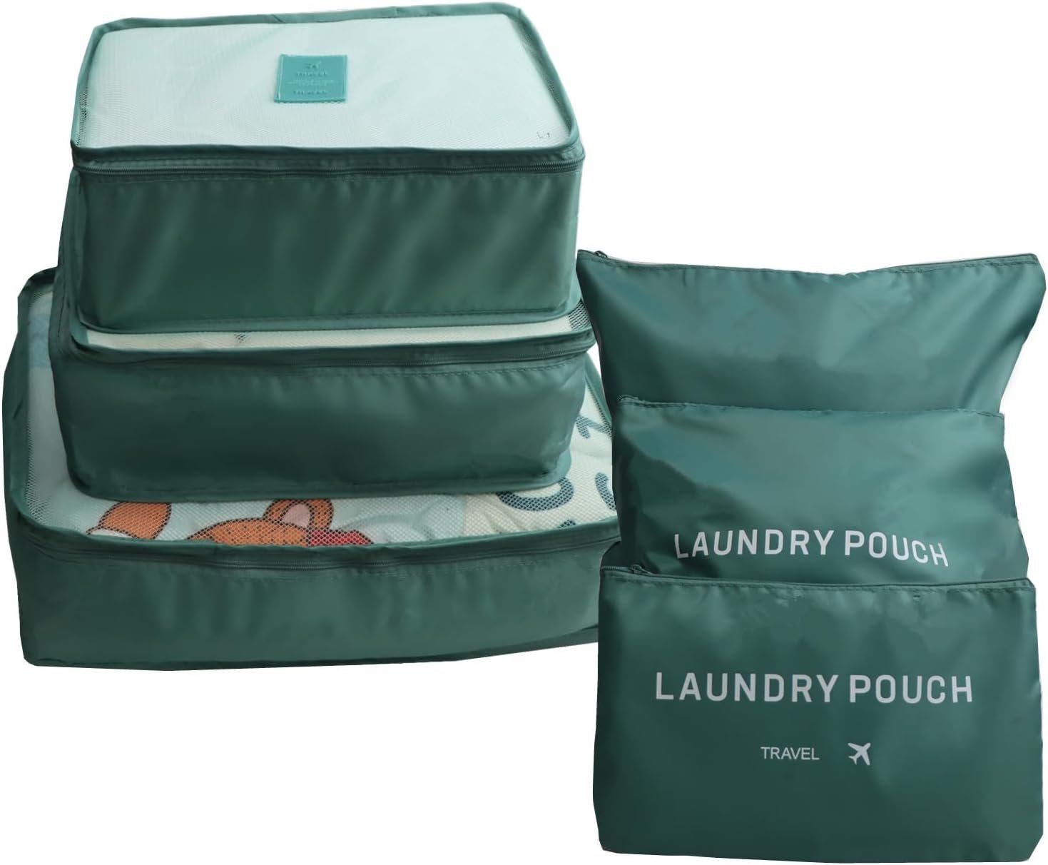 Manufacturer 6 Pack Compression Packing Cubes for Suitcases with Laundry Pouch - Custom Logo Luggage Organizers for Travel Accessories Clothes Cosmetics Toiletries - Private Label Dark Green Storage Bags