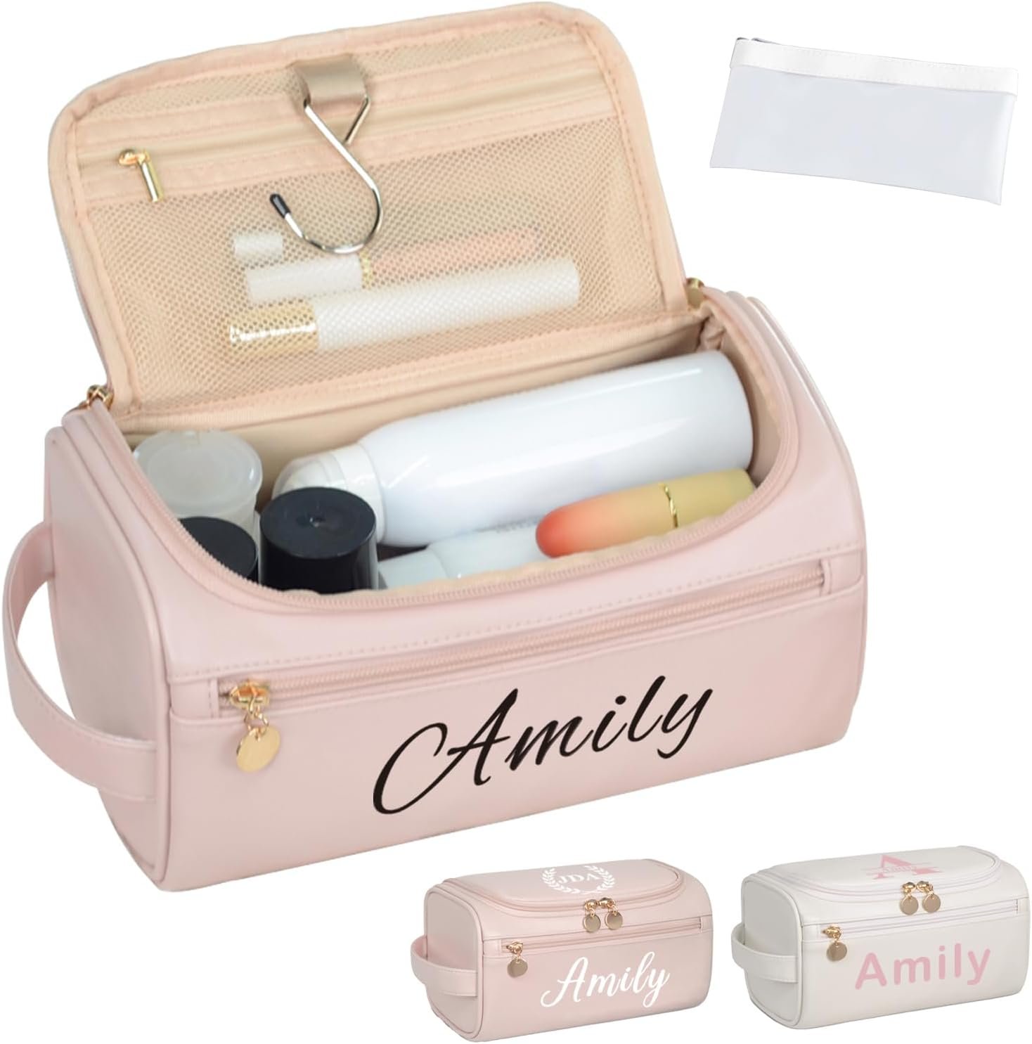 Custom Logo Personalized Makeup Bag for Women Private Label Printed Initials Cosmetic Bag with Handle Manufacturer PU Leather Travel Toiletry Bag Gifts for Girls Bridesmaids Daughters Wives Mothers Day