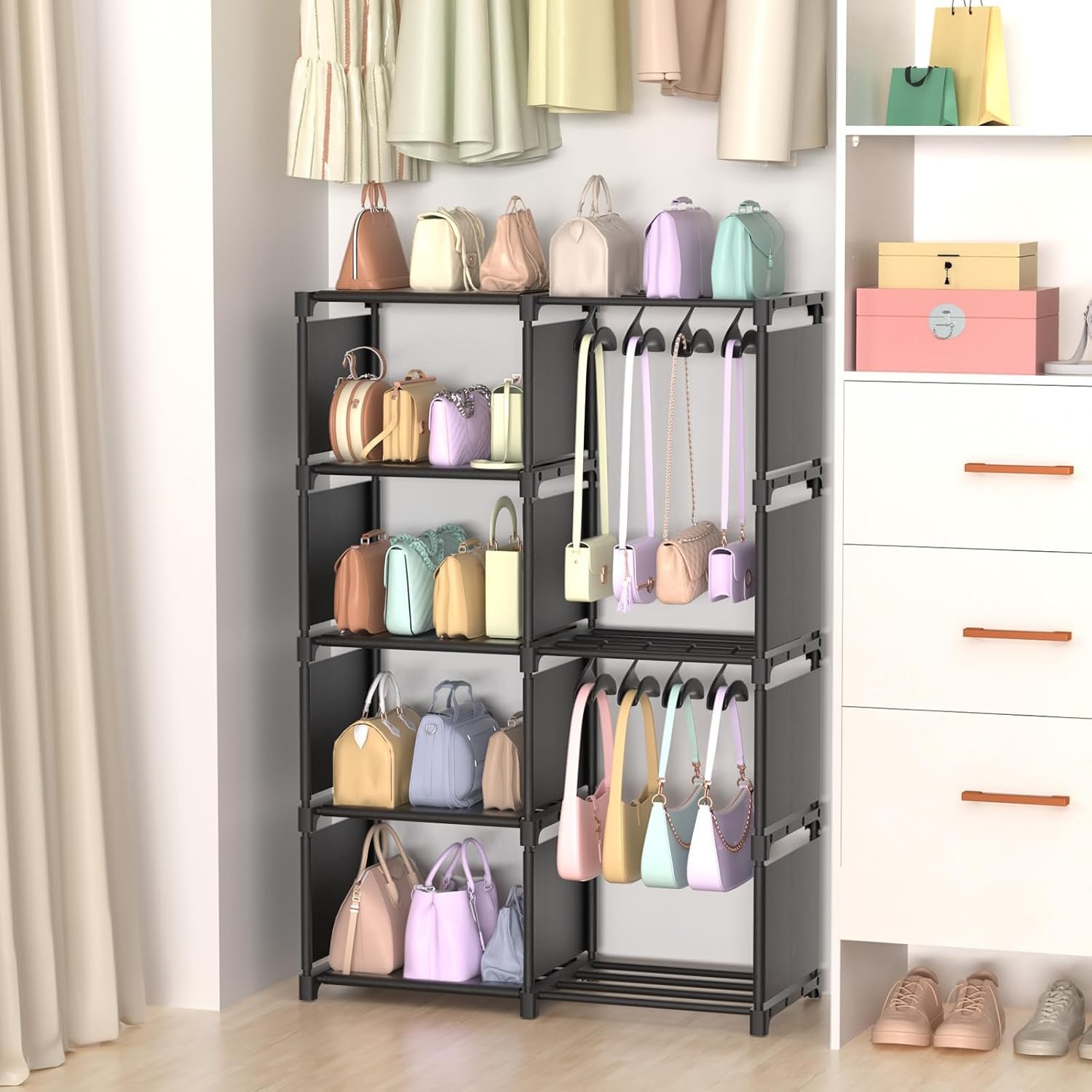 Private Label Tall Purse Organizer with Movable Hooks High-Capacity Handbag Storage Closet Rack Stand Custom Logo Multi-Purpose Purse Holder Shelf Manufacturer Space Saving Floor-Standing Bag Display Private Label Tall Purse Organizer with Movable Hooks High-Capacity Handbag Storage Closet Rack Stand Custom Logo Multi-Purpose Purse Holder Shelf Manufacturer Space Saving Floor-Standing Bag Display