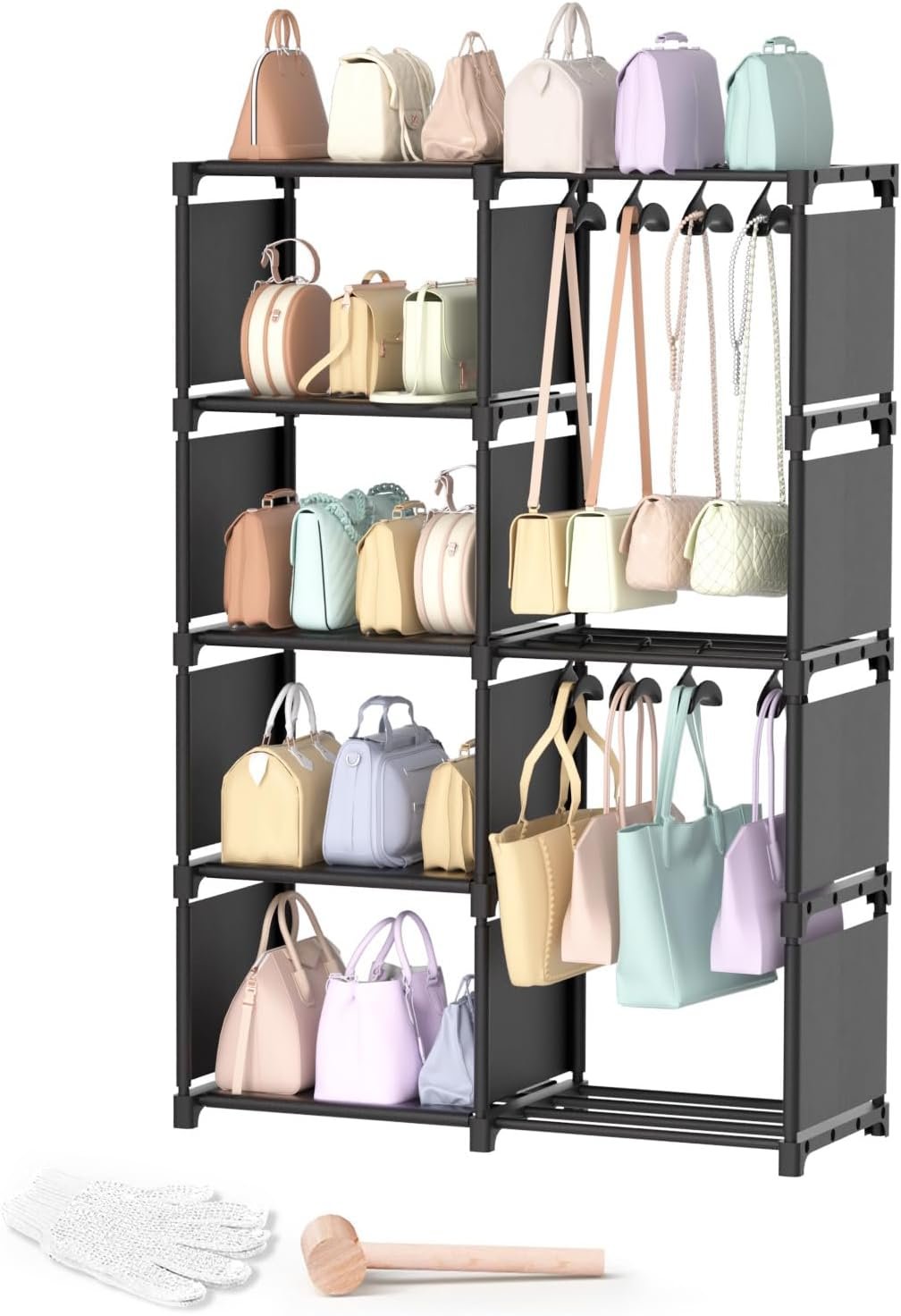Private Label Tall Purse Organizer with Movable Hooks High-Capacity Handbag Storage Closet Rack Stand Custom Logo Multi-Purpose Purse Holder Shelf Manufacturer Space Saving Floor-Standing Bag Display
