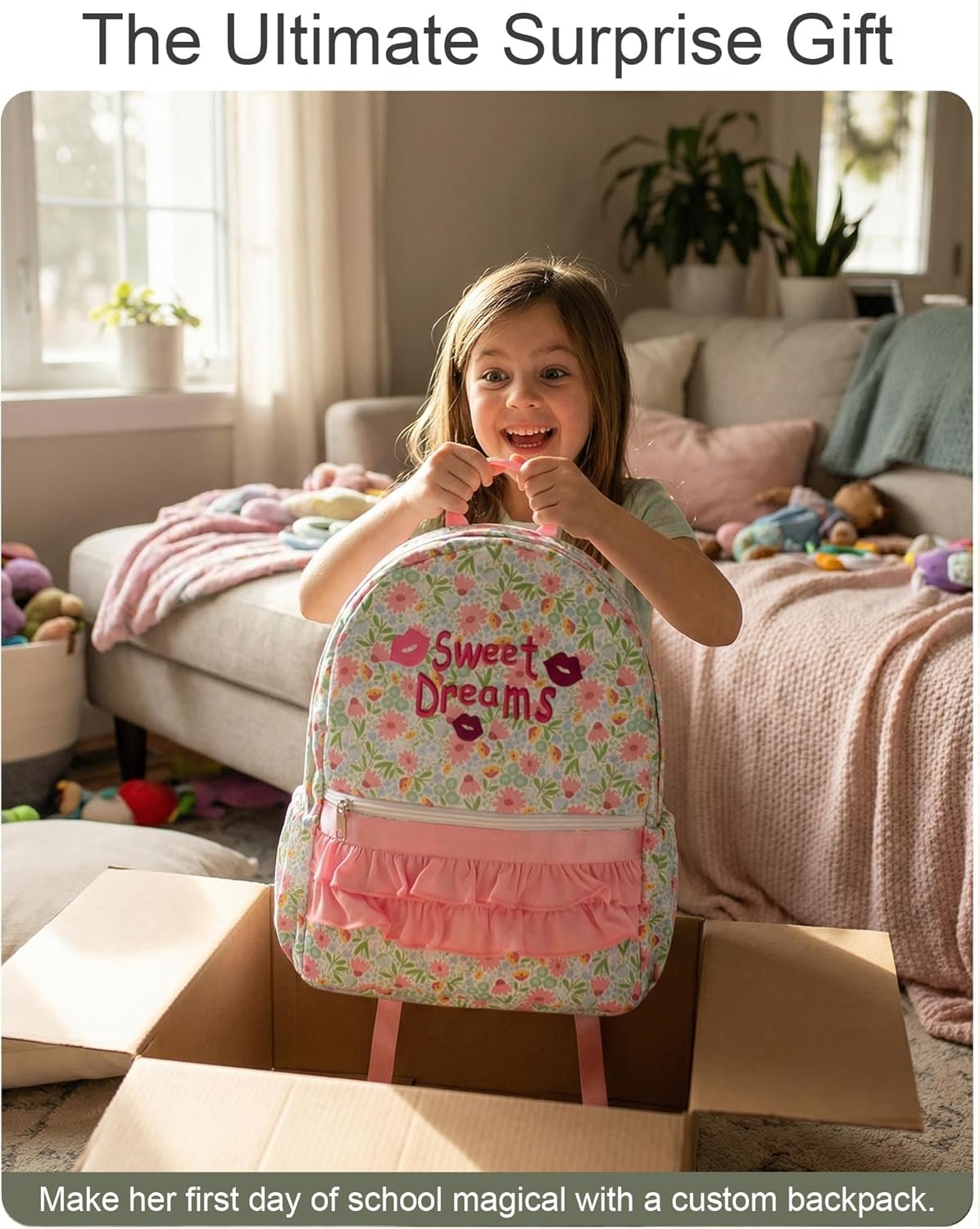 Custom Logo Personalized Girls Ruffle Backpack with Name Embroidery Private Label 14 Inch Cute Floral Kindergarten Bookbag for Kids Preschool Daypack Manufacturer for Travel & School Pink Floral