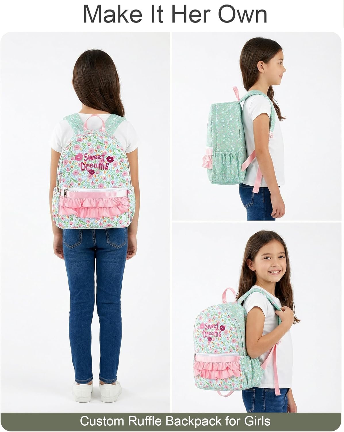 Custom Logo Personalized Girls Ruffle Backpack with Name Embroidery Private Label 14 Inch Cute Floral Kindergarten Bookbag for Kids Preschool Daypack Manufacturer for Travel & School Pink Floral