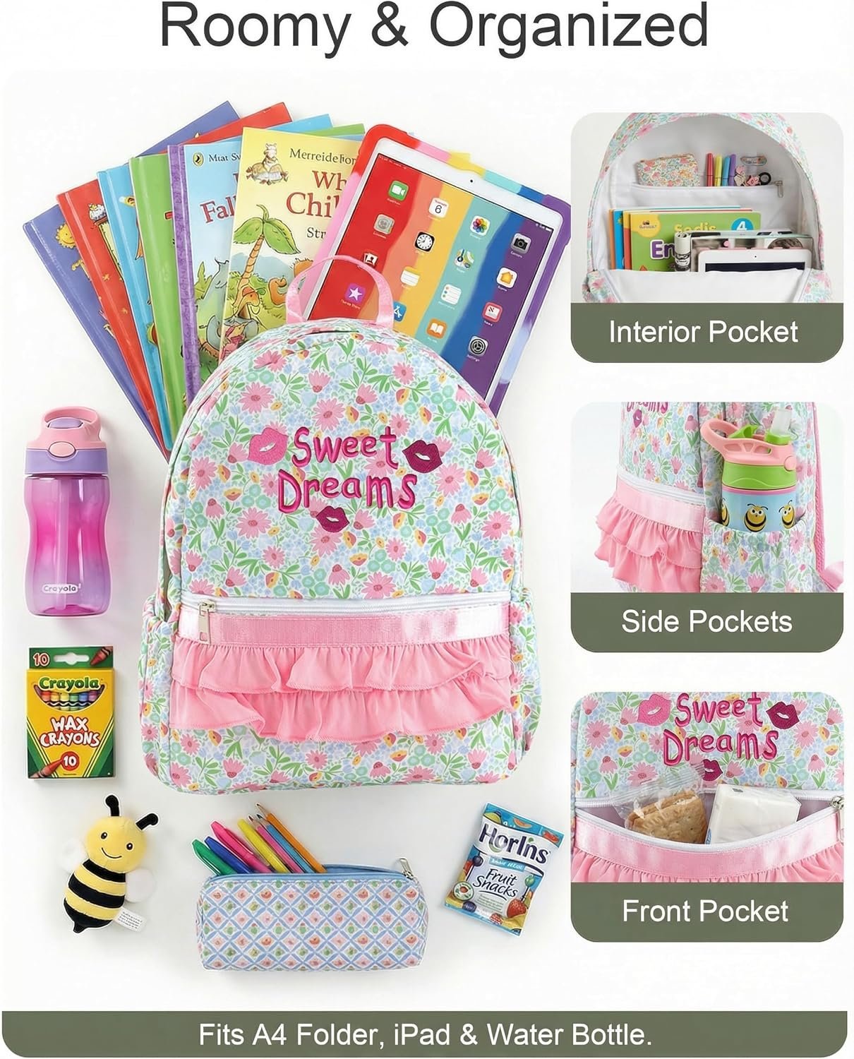 Custom Logo Personalized Girls Ruffle Backpack with Name Embroidery Private Label 14 Inch Cute Floral Kindergarten Bookbag for Kids Preschool Daypack Manufacturer for Travel & School Pink Floral