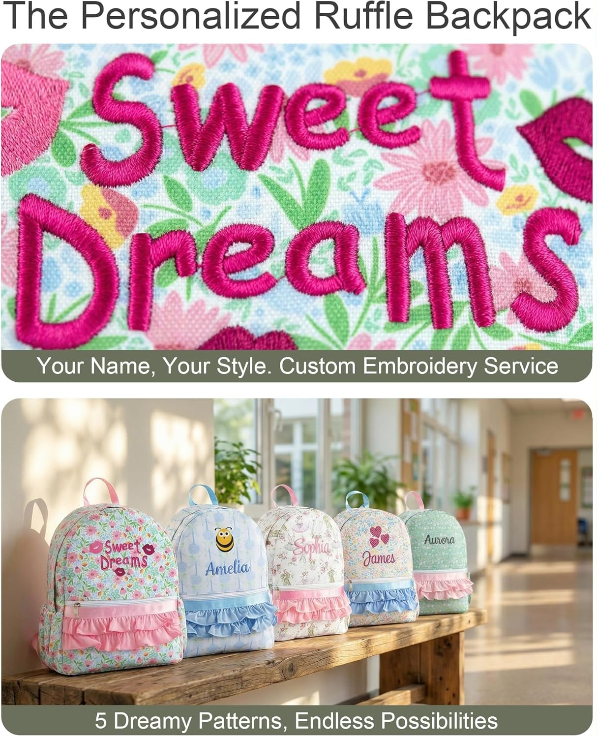 Custom Logo Personalized Girls Ruffle Backpack with Name Embroidery Private Label 14 Inch Cute Floral Kindergarten Bookbag for Kids Preschool Daypack Manufacturer for Travel & School Pink Floral