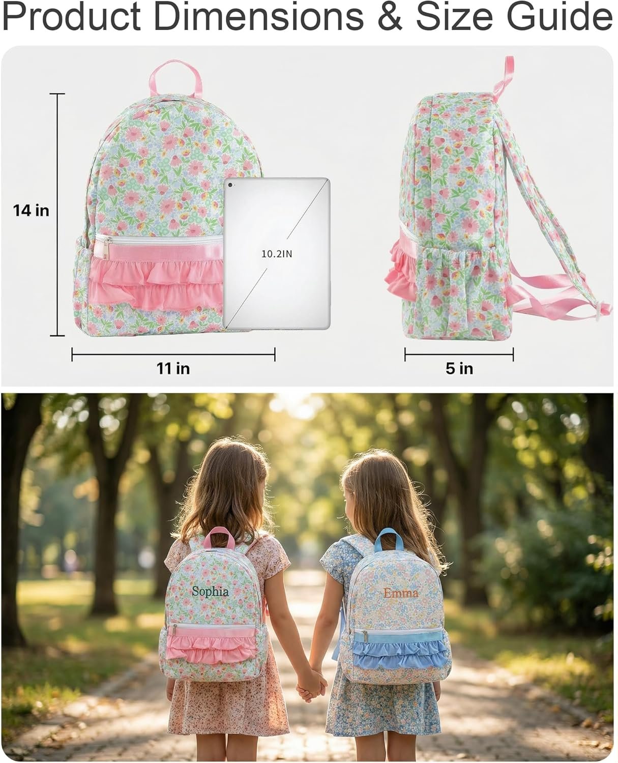 Custom Logo Personalized Girls Ruffle Backpack with Name Embroidery Private Label 14 Inch Cute Floral Kindergarten Bookbag for Kids Preschool Daypack Manufacturer for Travel & School Pink Floral
