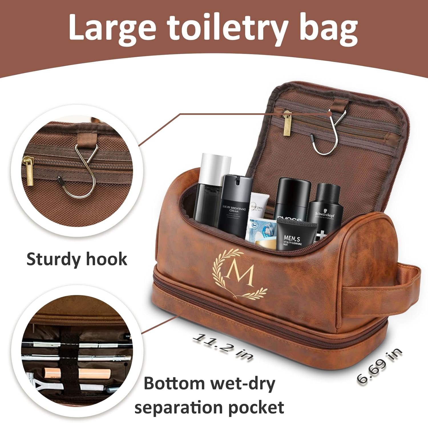 Private Label Personalized Leather Toiletry Bag for Men Engraved Initial Custom Logo Travel Kit Manufacturer Gift for Dad Husband Father Christmas Birthday Anniversary