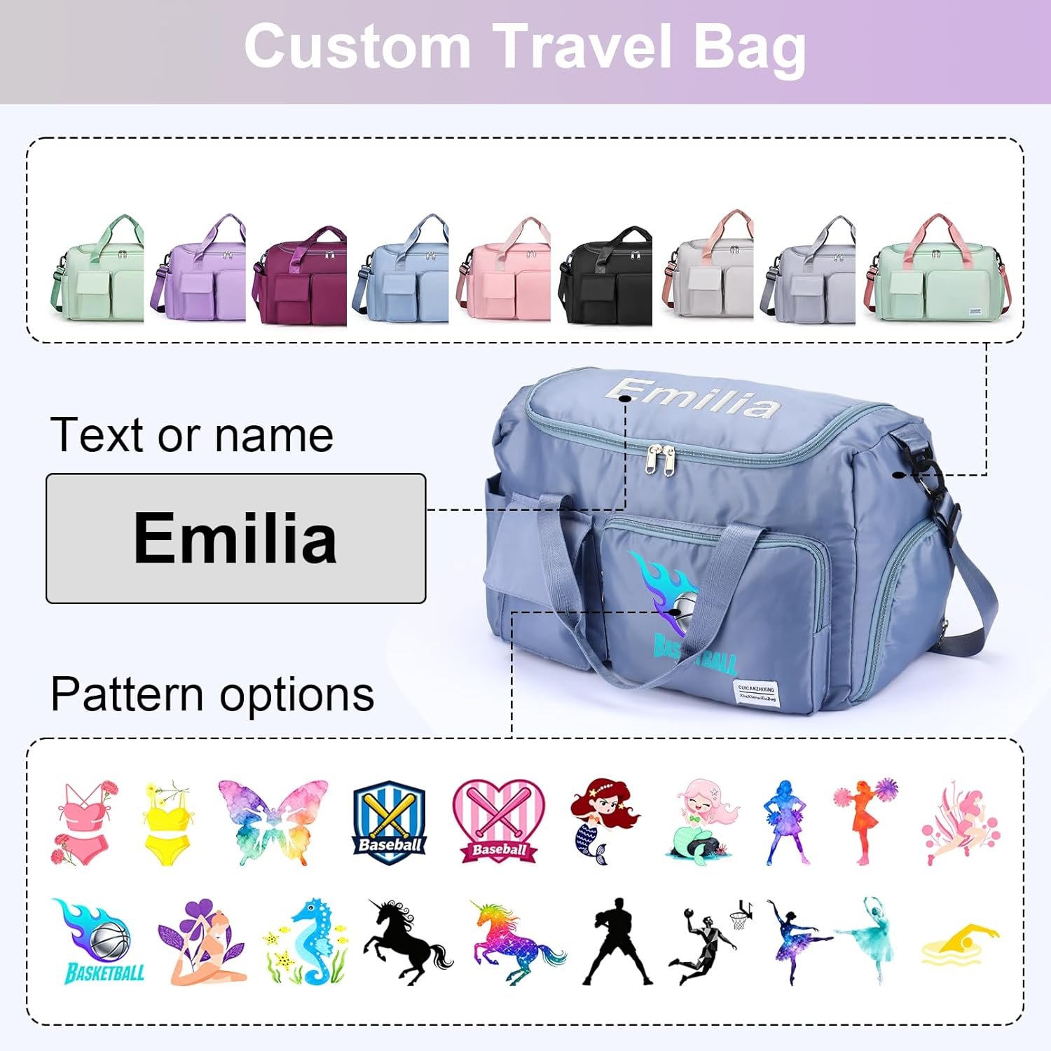 Custom Logo Personalized Duffel Bag, Private Label Embroidered Sports Gym Bag with Name Pattern, Weekend Dance Girls Duffle Ringette Gymnastics Bag for Women Men Manufacturer Custom Logo Personalized Duffel Bag, Private Label Embroidered Sports Gym Bag with Name Pattern, Weekend Dance Girls Duffle Ringette Gymnastics Bag for Women Men Manufacturer