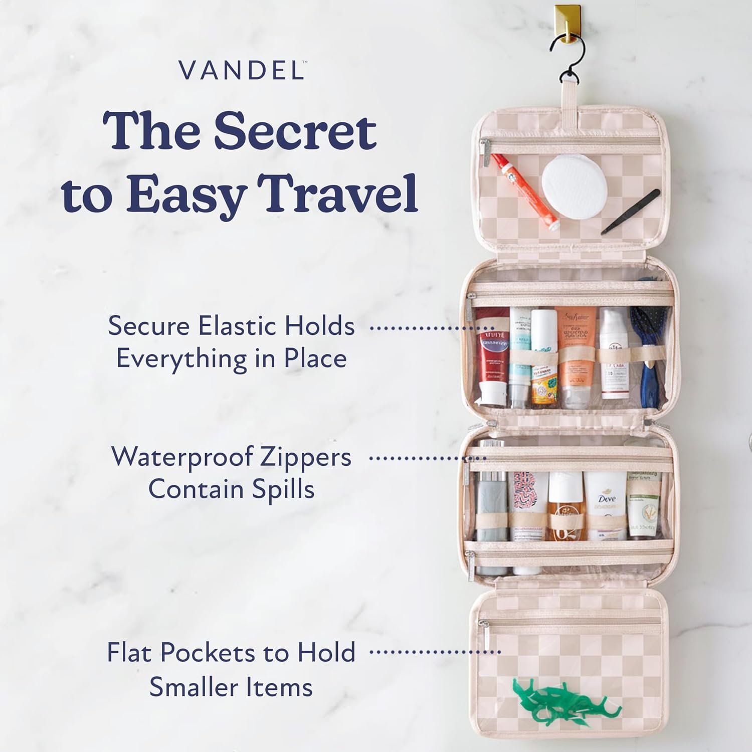 Private Label Waterproof Hanging Toiletry Bag [TSA-Approved] Custom Logo Makeup Organizer Cosmetic Travel Bag for Women Toiletries Shower Caddy Manufacturer Neutral Checker