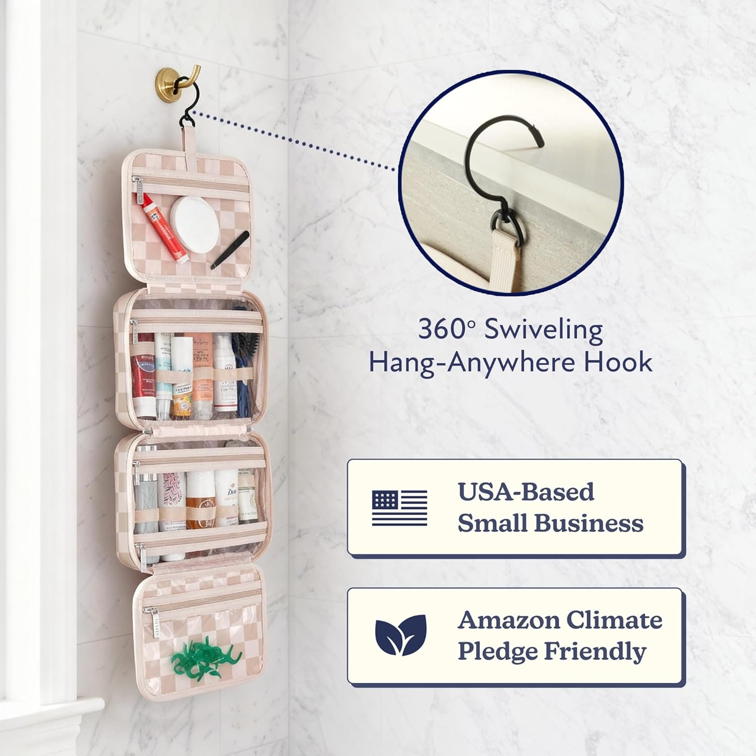 Private Label Waterproof Hanging Toiletry Bag [TSA-Approved] Custom Logo Makeup Organizer Cosmetic Travel Bag for Women Toiletries Shower Caddy Manufacturer Neutral Checker