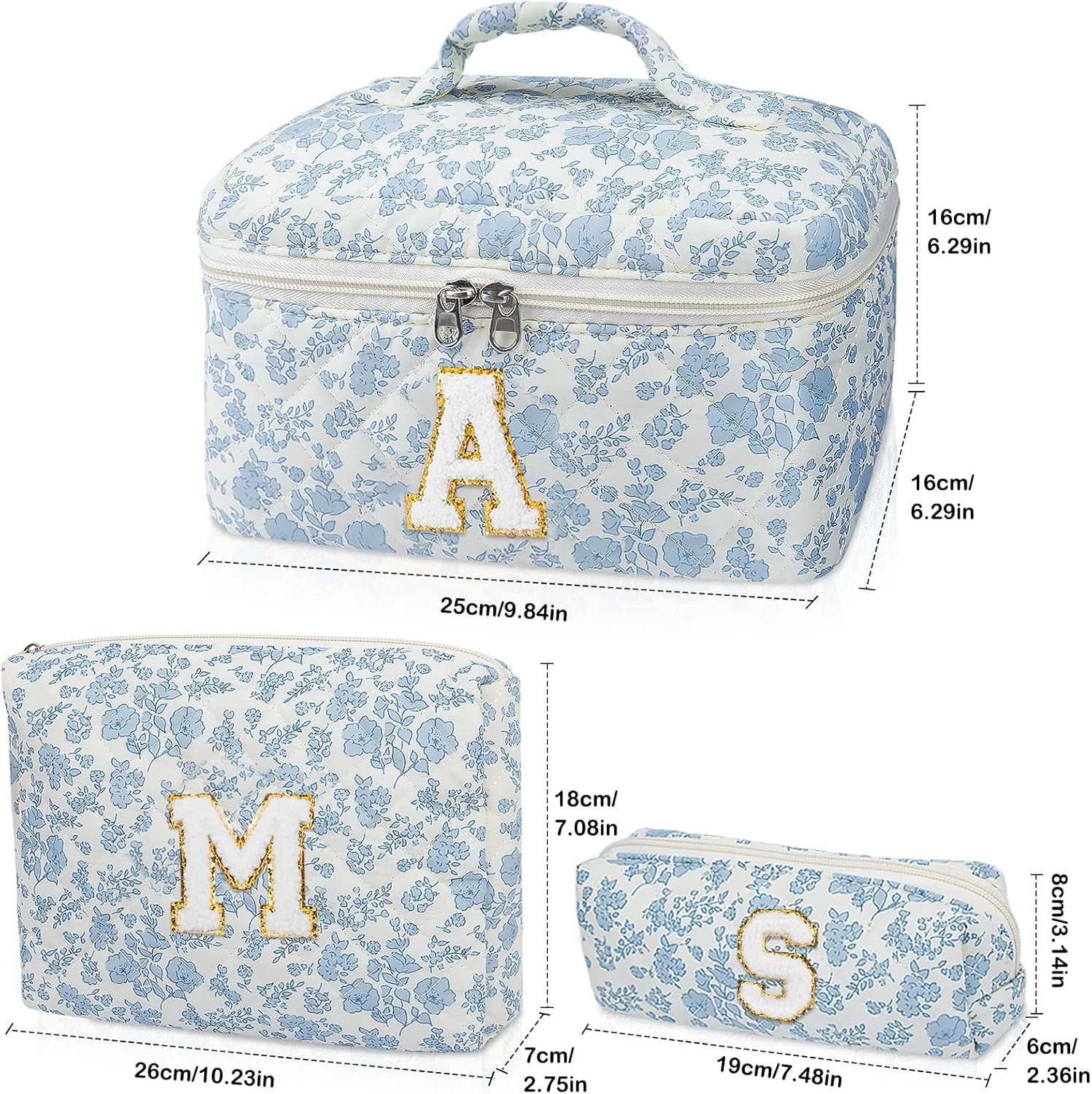 Custom Logo Initial Personalized Quilted Makeup Bag Set Large Floral Cosmetic Bag Private Label for Women Cotton Flower Travel Toiletry Bag Manufacturer Blue Flower S