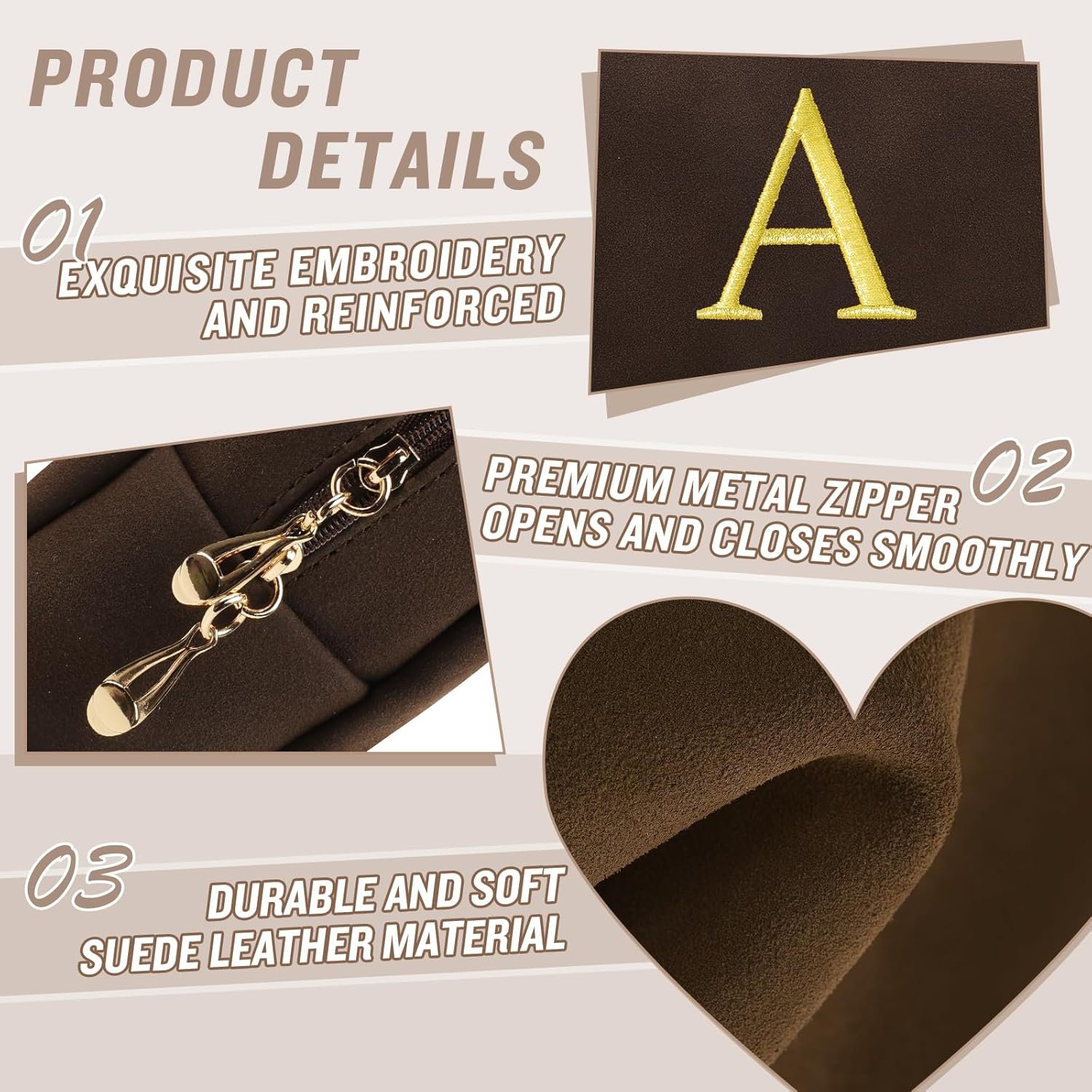 Manufacturer Personalized Initial Makeup Bag Private Label Preppy Suede Cosmetic Bag for Teen Girls Custom Logo Small Monogram Travel Toiletry Bag with Gold Embroidered Letter Christmas Gift for Women Coffee-A